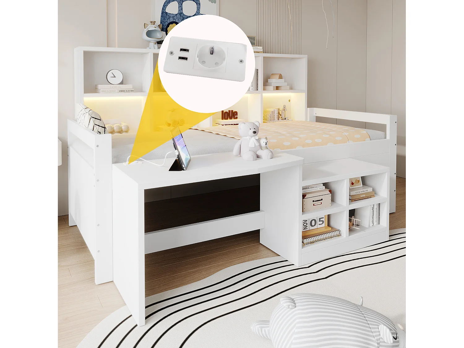 Multifunctional bed 90 x 200 cm with desk, storage, LED, USB and socket – Pine/MDF – White (Mattress not included)