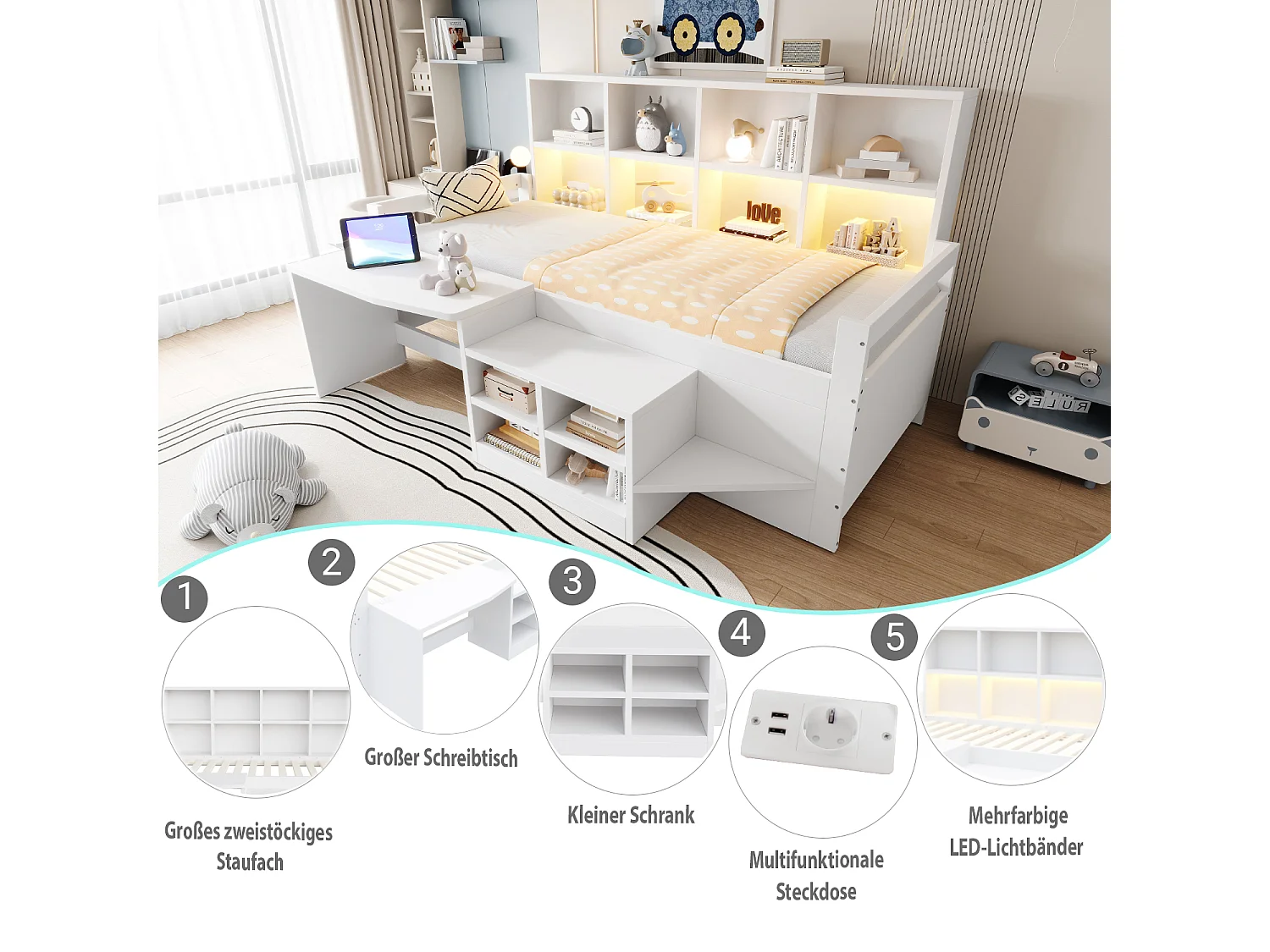 Multifunctional bed 90 x 200 cm with desk, storage, LED, USB and socket – Pine/MDF – White (Mattress not included)