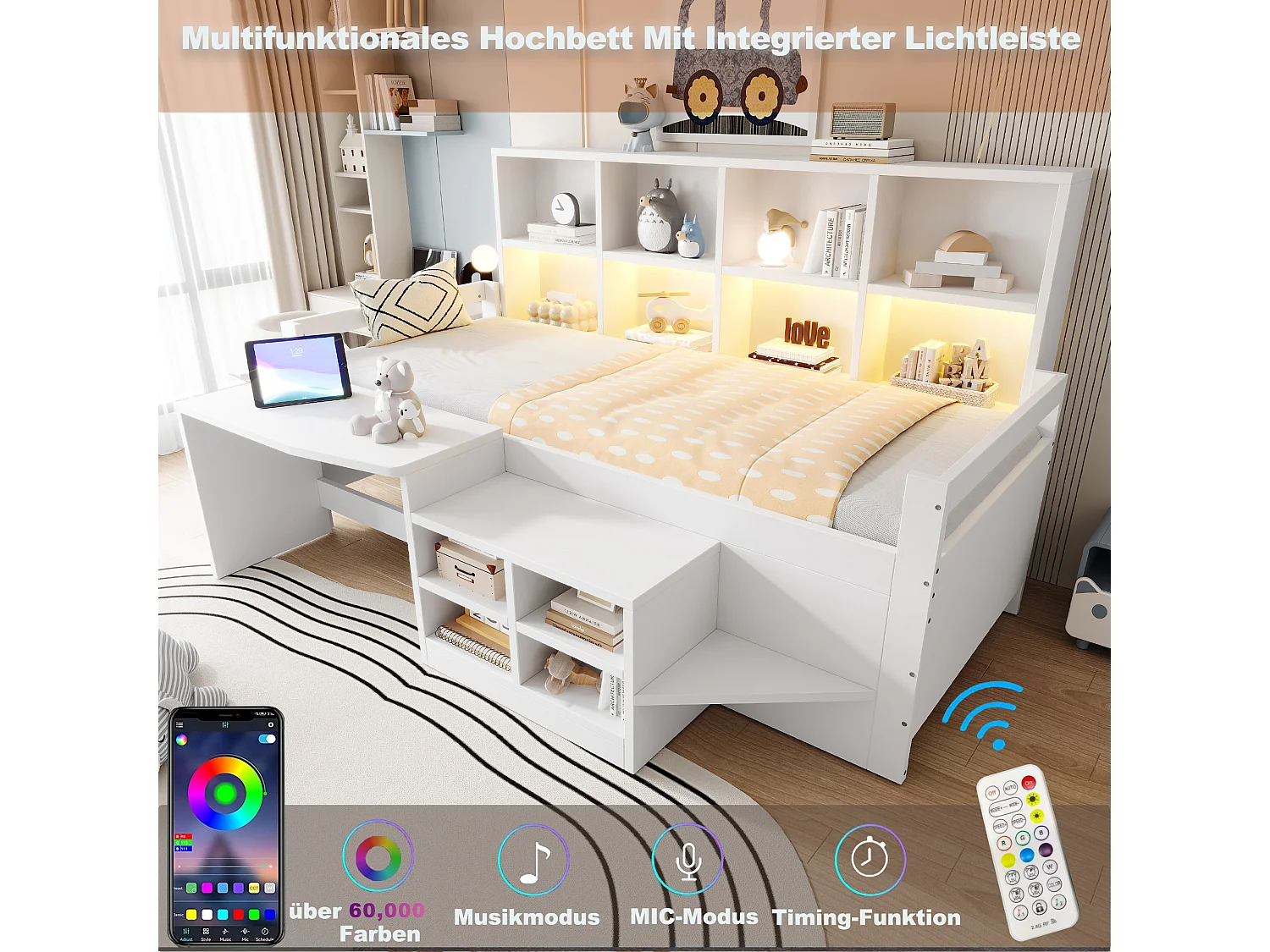Multifunctional bed 90 x 200 cm with desk, storage, LED, USB and socket – Pine/MDF – White (Mattress not included)