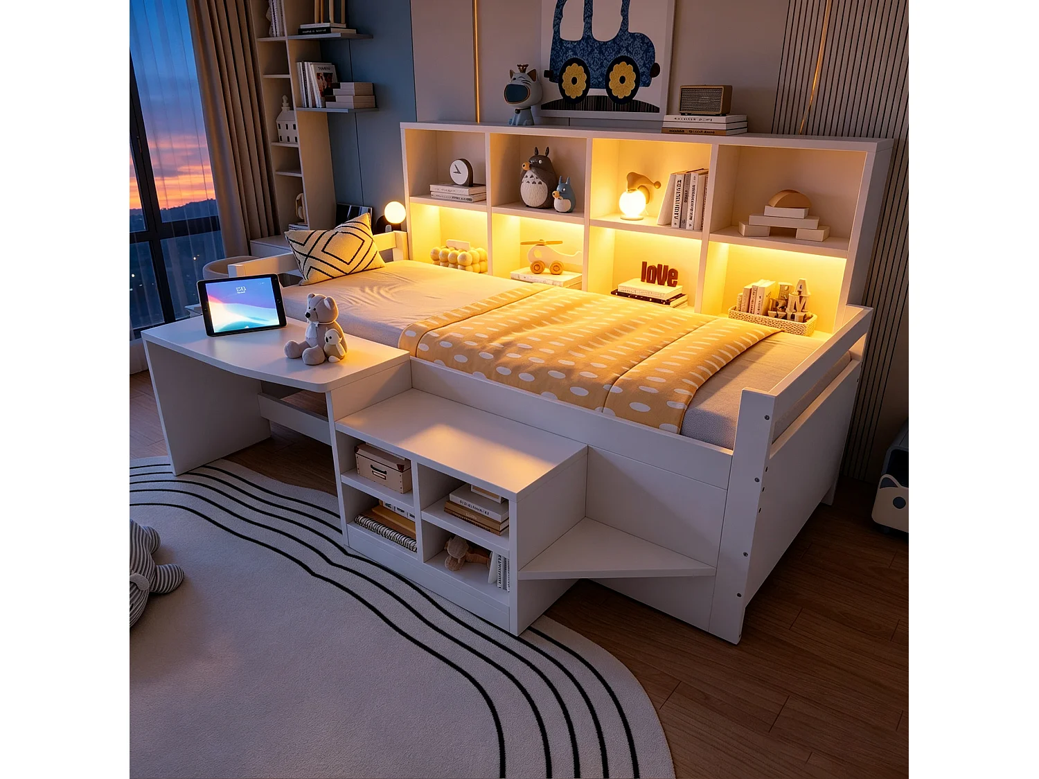 Multifunctional bed 90 x 200 cm with desk, storage, LED, USB and socket – Pine/MDF – White (Mattress not included)