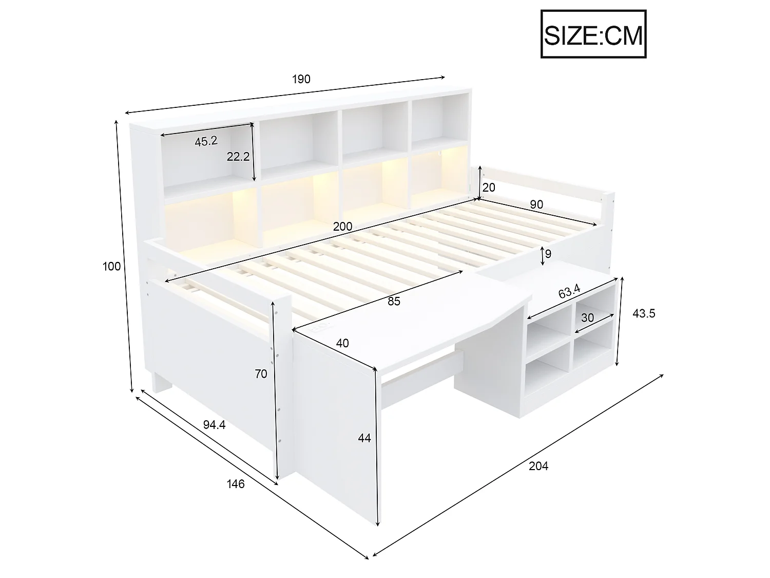Multifunctional bed 90 x 200 cm with desk, storage, LED, USB and socket – Pine/MDF – White (Mattress not included)