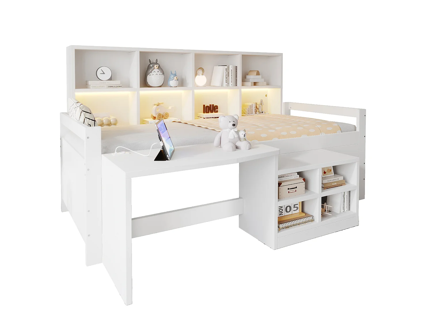 Multifunctional bed 90 x 200 cm with desk, storage, LED, USB and socket – Pine/MDF – White (Mattress not included)