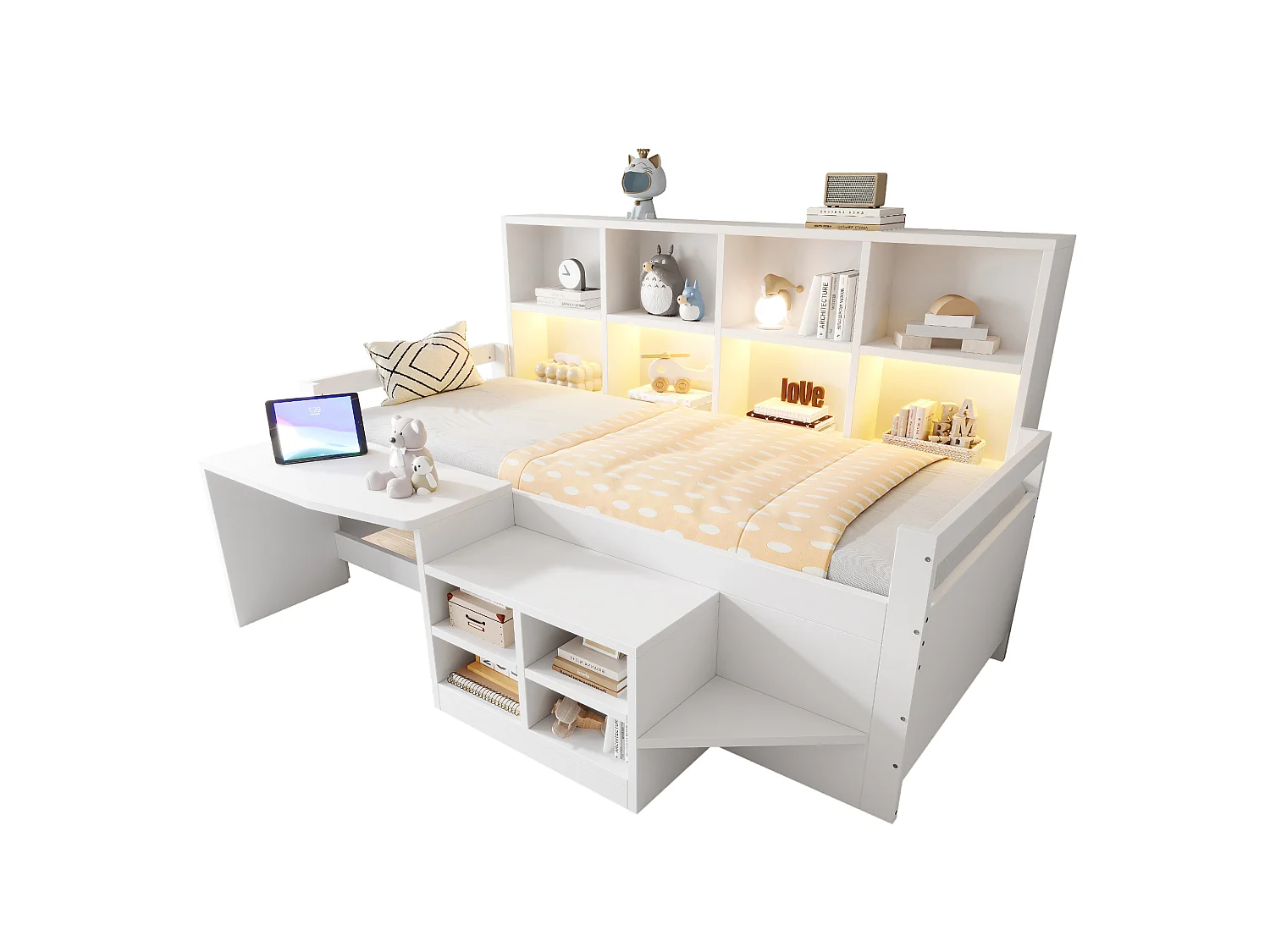 Multifunctional bed 90 x 200 cm with desk, storage, LED, USB and socket – Pine/MDF – White (Mattress not included)