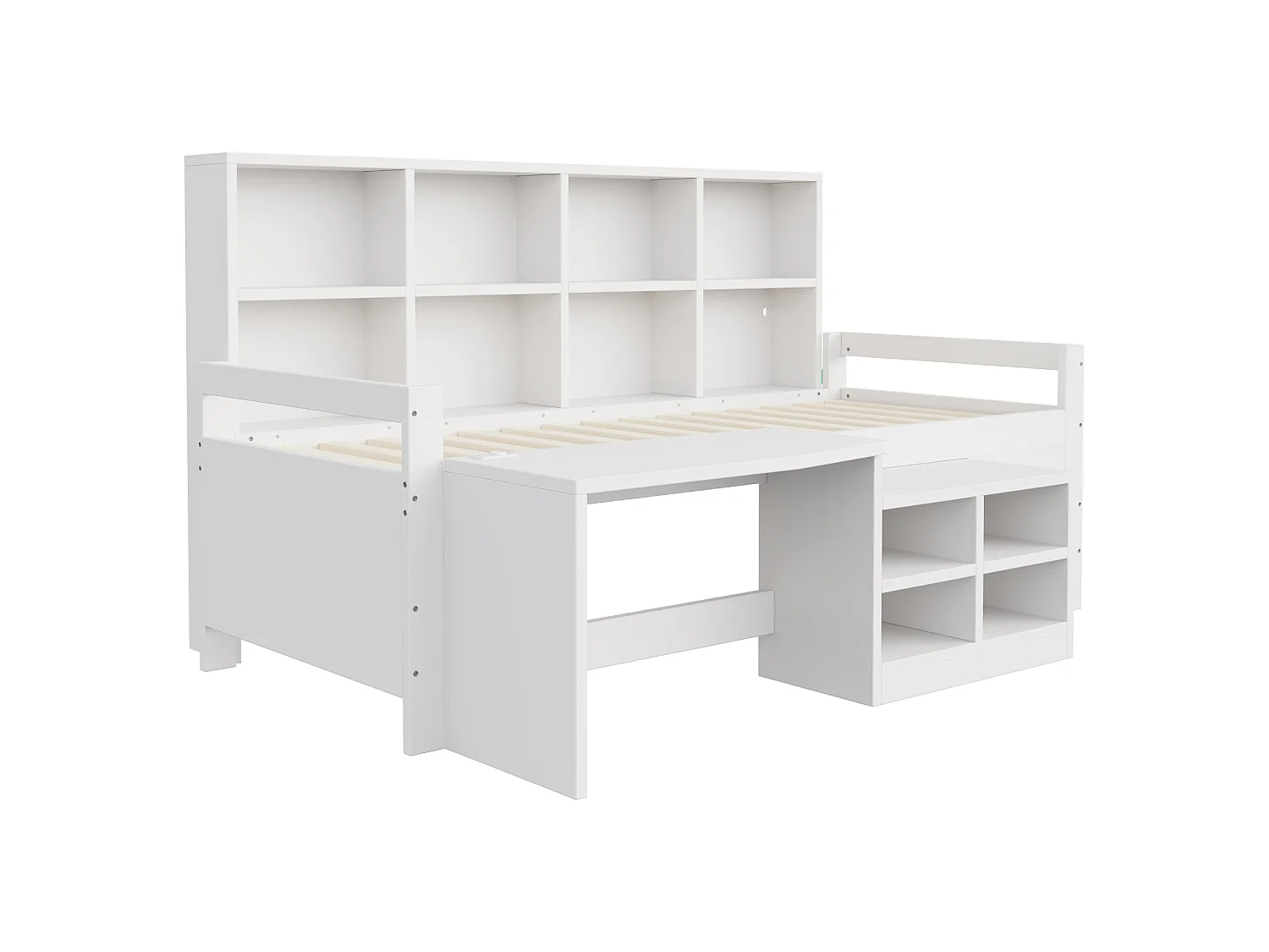 Multifunctional bed 90 x 200 cm with desk, storage, LED, USB and socket – Pine/MDF – White (Mattress not included)