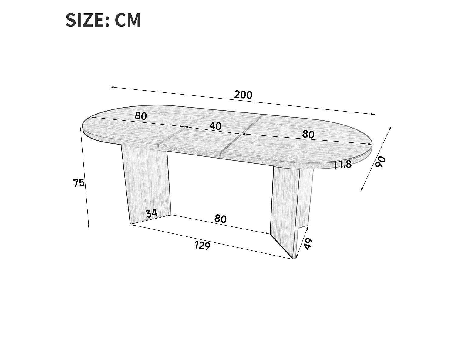 Table à manger ovale 6-8 personnes avec plateau épais et coins arrondis - MDF - 200 x 90 x 75 cm - Chêne