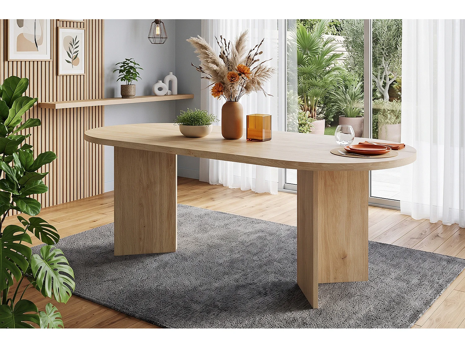 Table à manger ovale 6-8 personnes avec plateau épais et coins arrondis - MDF - 200 x 90 x 75 cm - Chêne