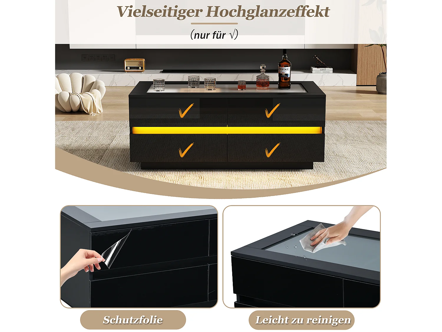 Coffee table with front LED lighting, 4 drawers and tempered glass top - Particleboard/glass - 100 x 50 x 40 cm - Black