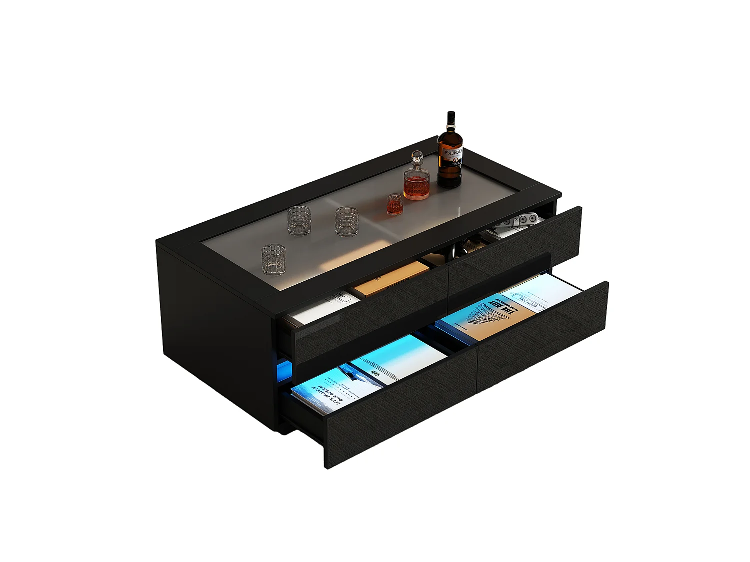 Coffee table with front LED lighting, 4 drawers and tempered glass top - Particleboard/glass - 100 x 50 x 40 cm - Black