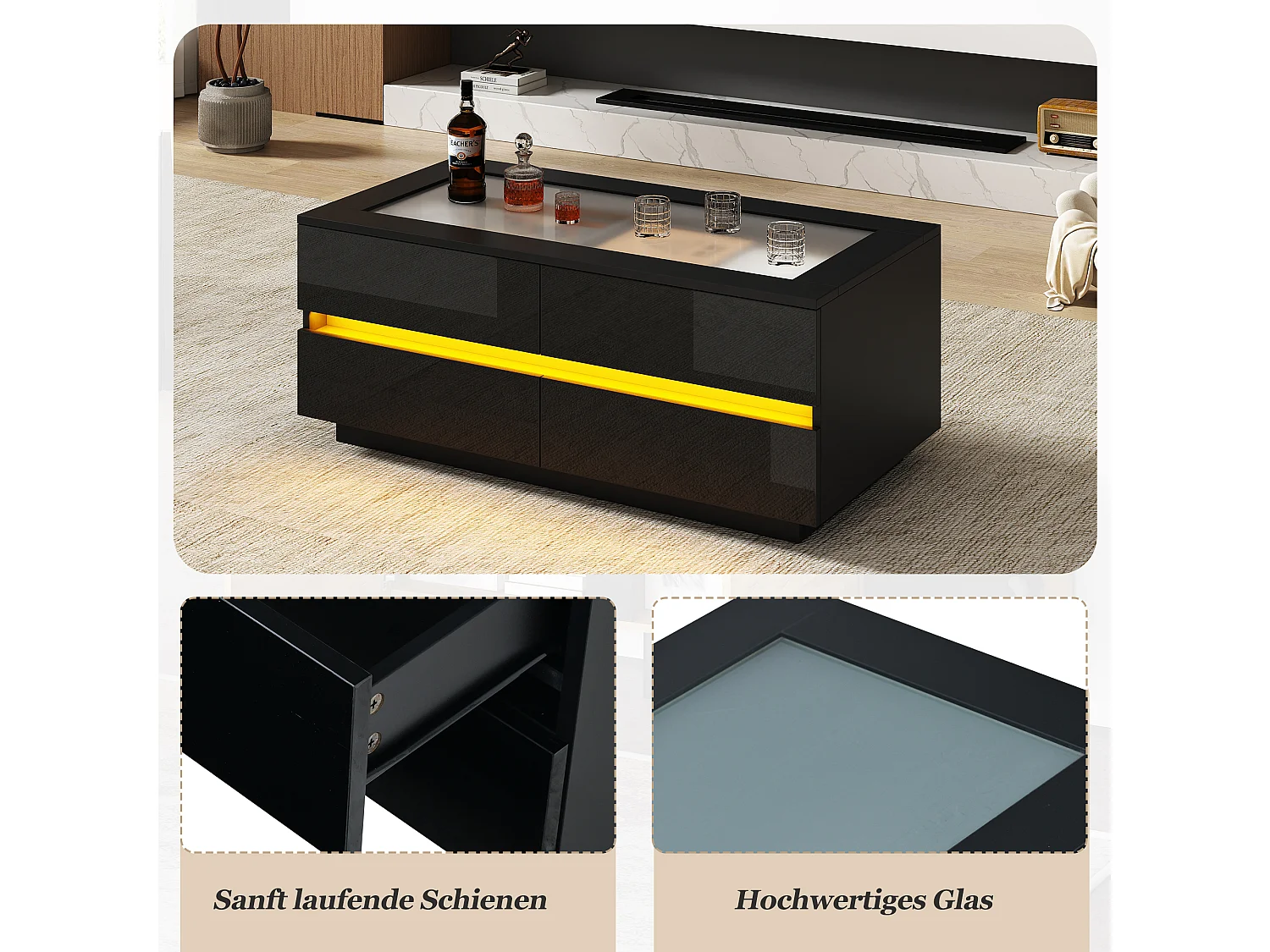 Coffee table with front LED lighting, 4 drawers and tempered glass top - Particleboard/glass - 100 x 50 x 40 cm - Black