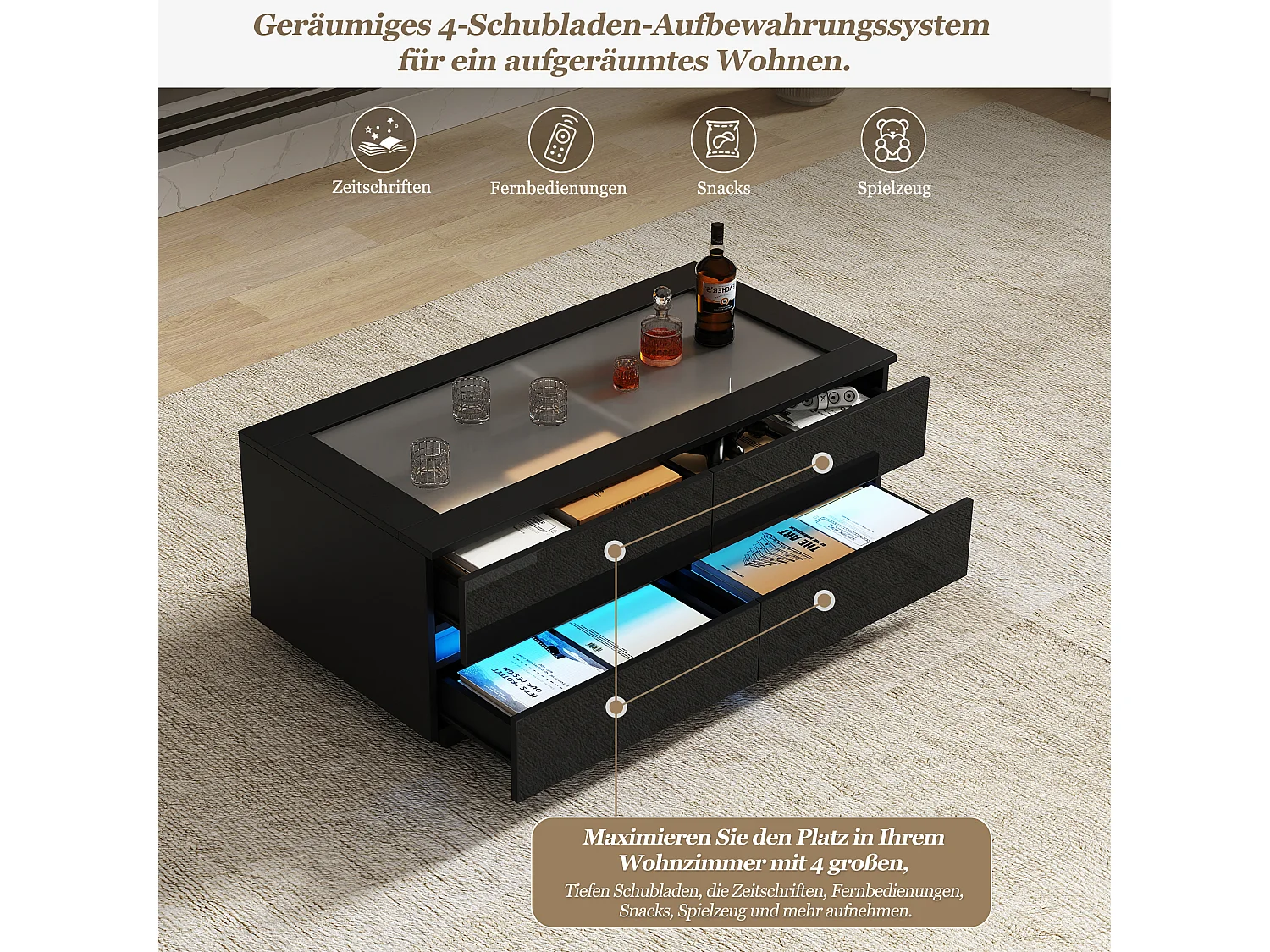 Coffee table with front LED lighting, 4 drawers and tempered glass top - Particleboard/glass - 100 x 50 x 40 cm - Black