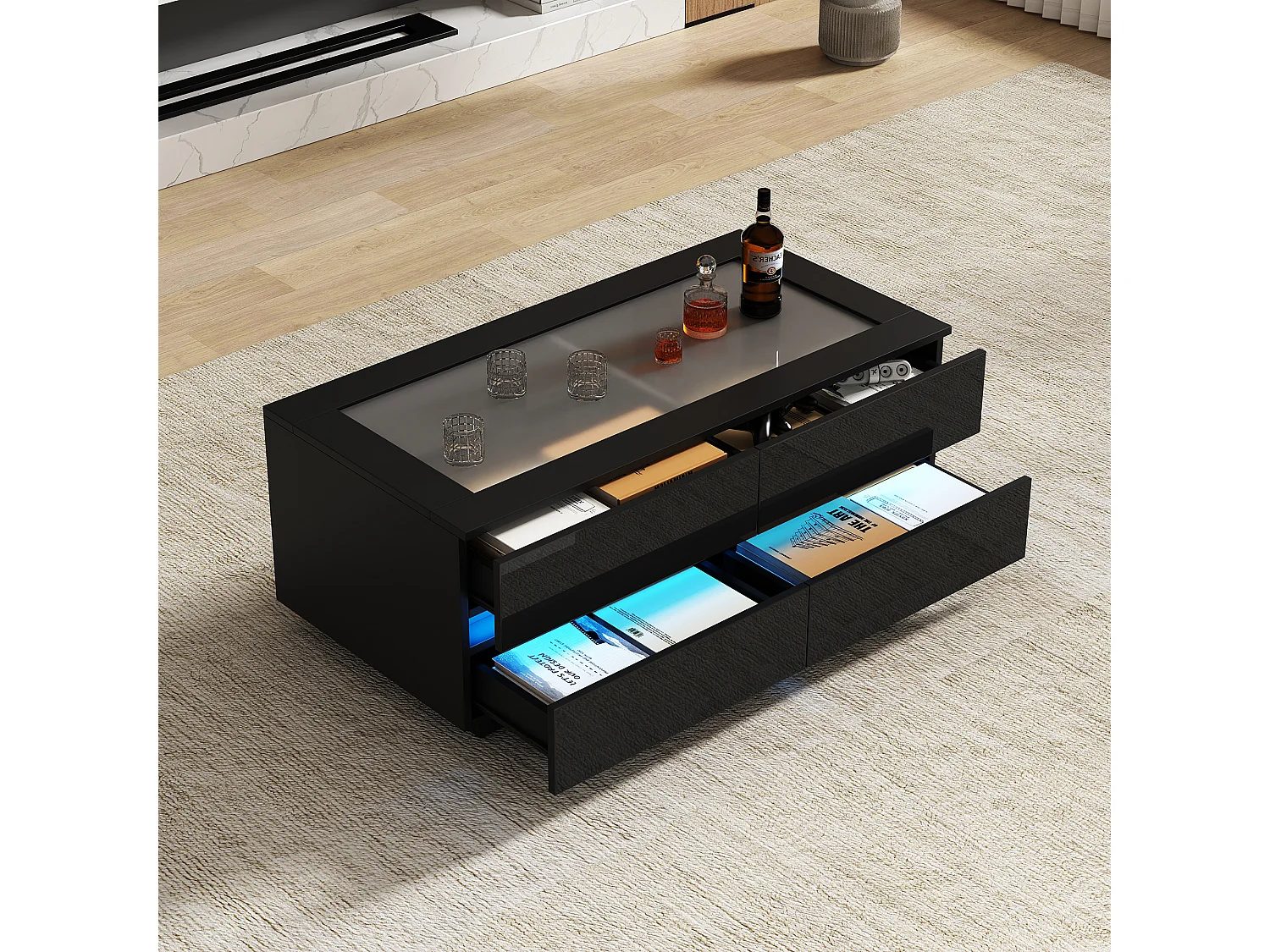 Coffee table with front LED lighting, 4 drawers and tempered glass top - Particleboard/glass - 100 x 50 x 40 cm - Black