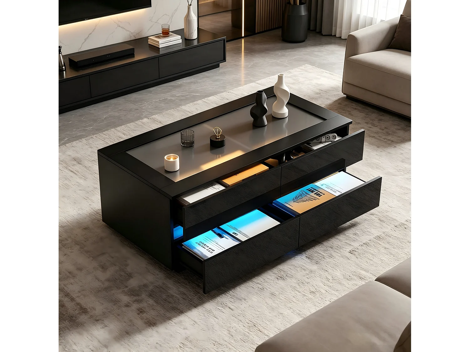 Coffee table with front LED lighting, 4 drawers and tempered glass top - Particleboard/glass - 100 x 50 x 40 cm - Black