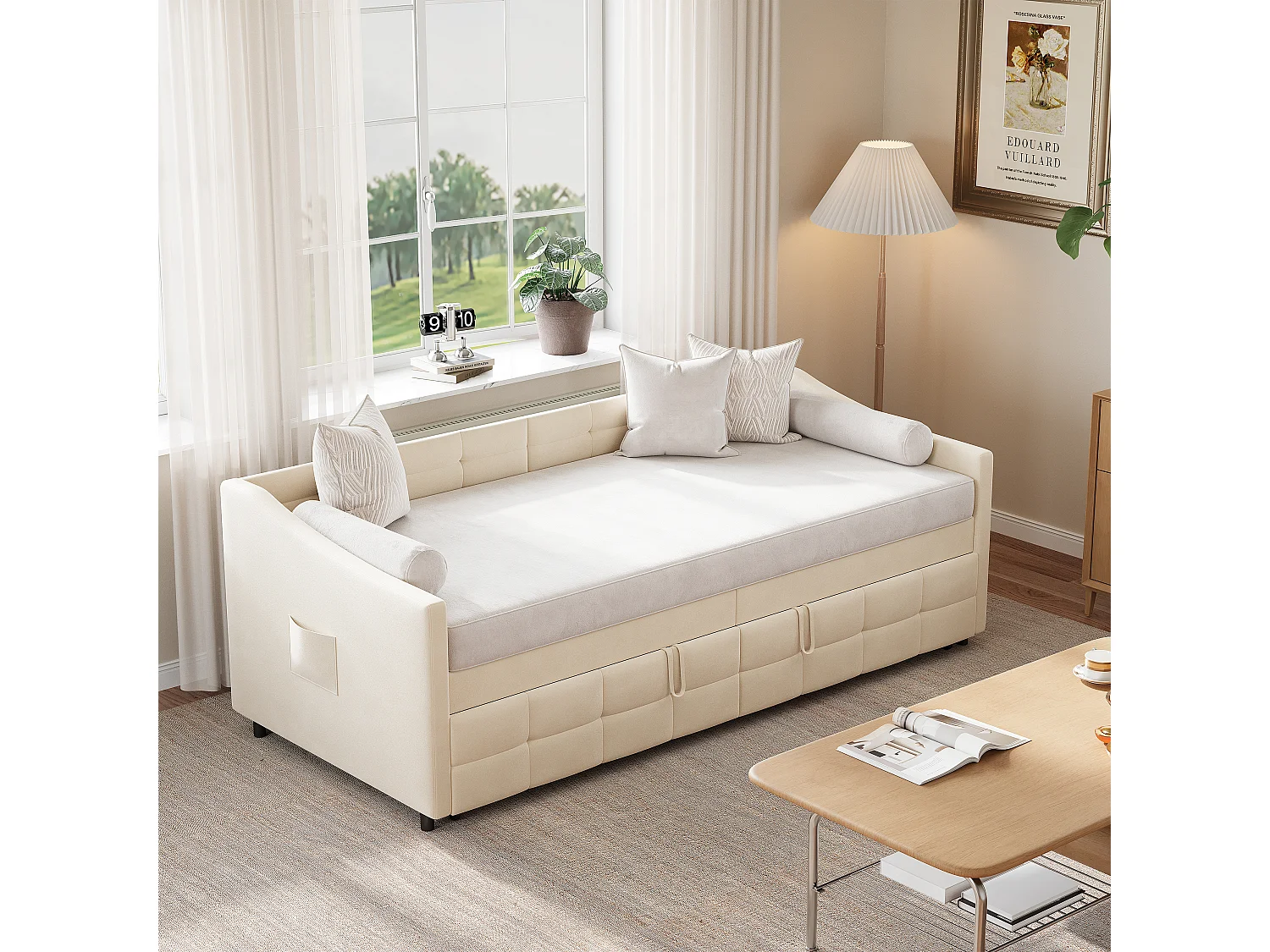 Canapé Lit Extensible 90/180 x 200 cm - Canapé Convertible Multifonction en Velours Blanc, Style Minimaliste, Sommier à Lattes Inclus