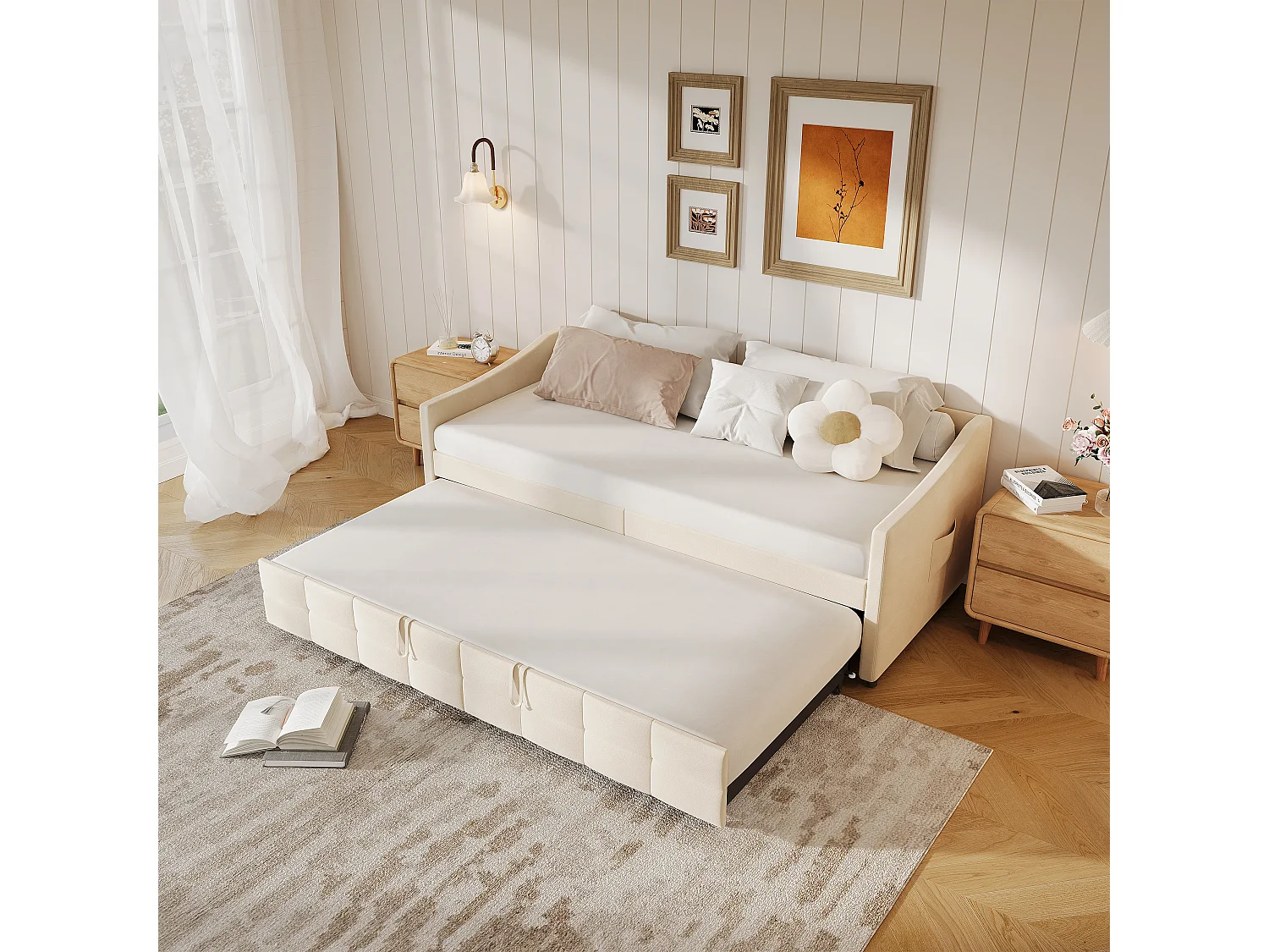 Canapé Lit Extensible 90/180 x 200 cm - Canapé Convertible Multifonction en Velours Blanc, Style Minimaliste, Sommier à Lattes Inclus