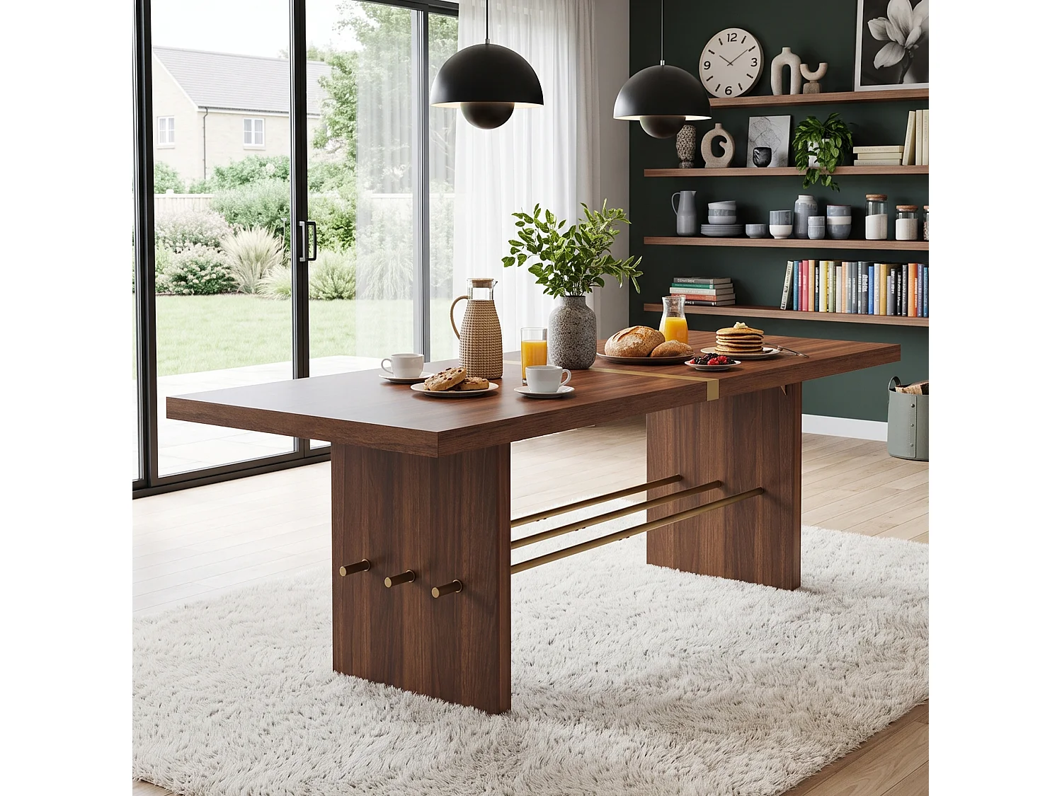 Table à manger 6-8 personnes avec plateau épais et barre transversale dorée - MDF - 180 x 75 x 75 cm - Noyer