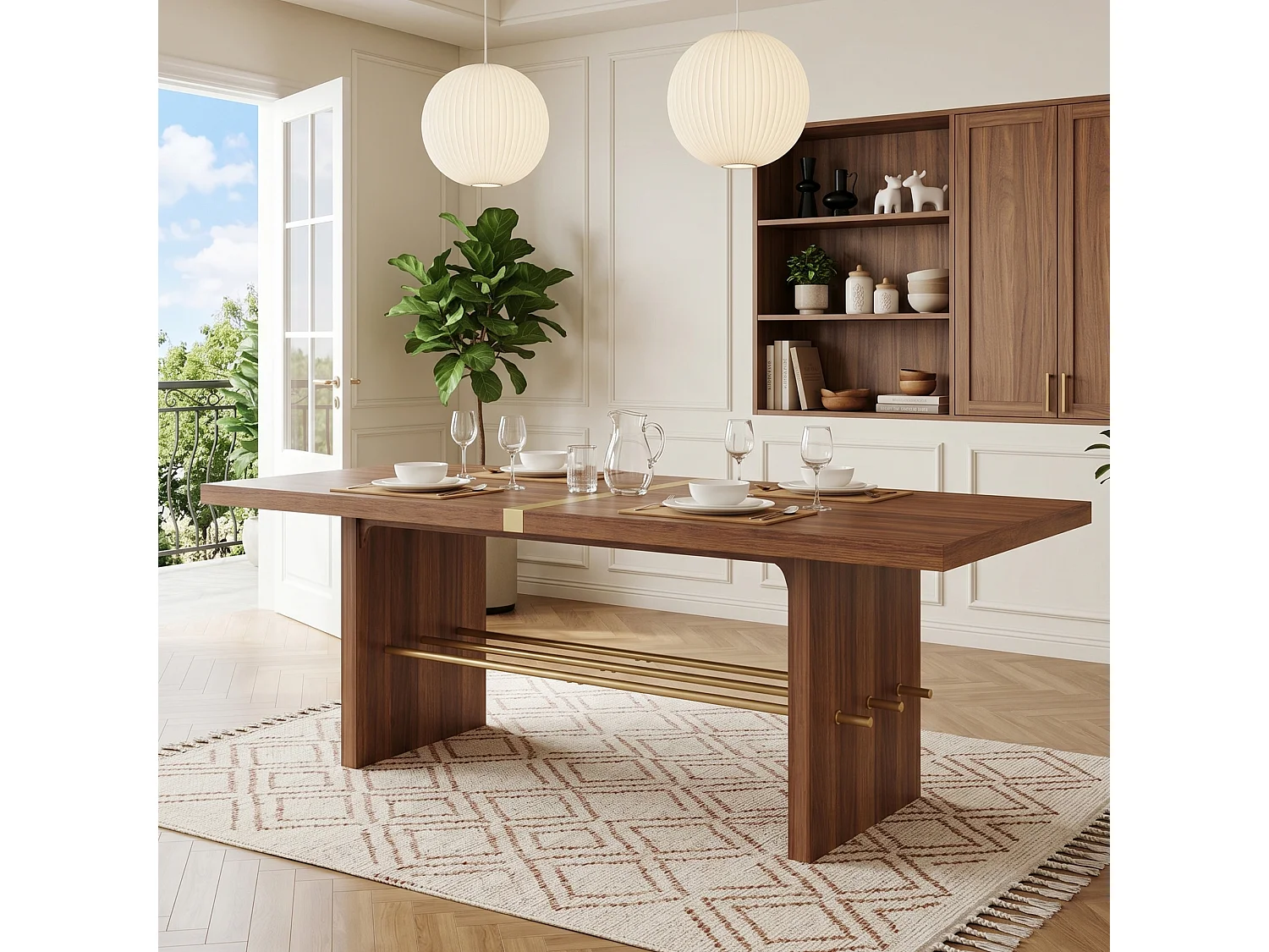 Table à manger 6-8 personnes avec plateau épais et barre transversale dorée - MDF - 180 x 75 x 75 cm - Noyer