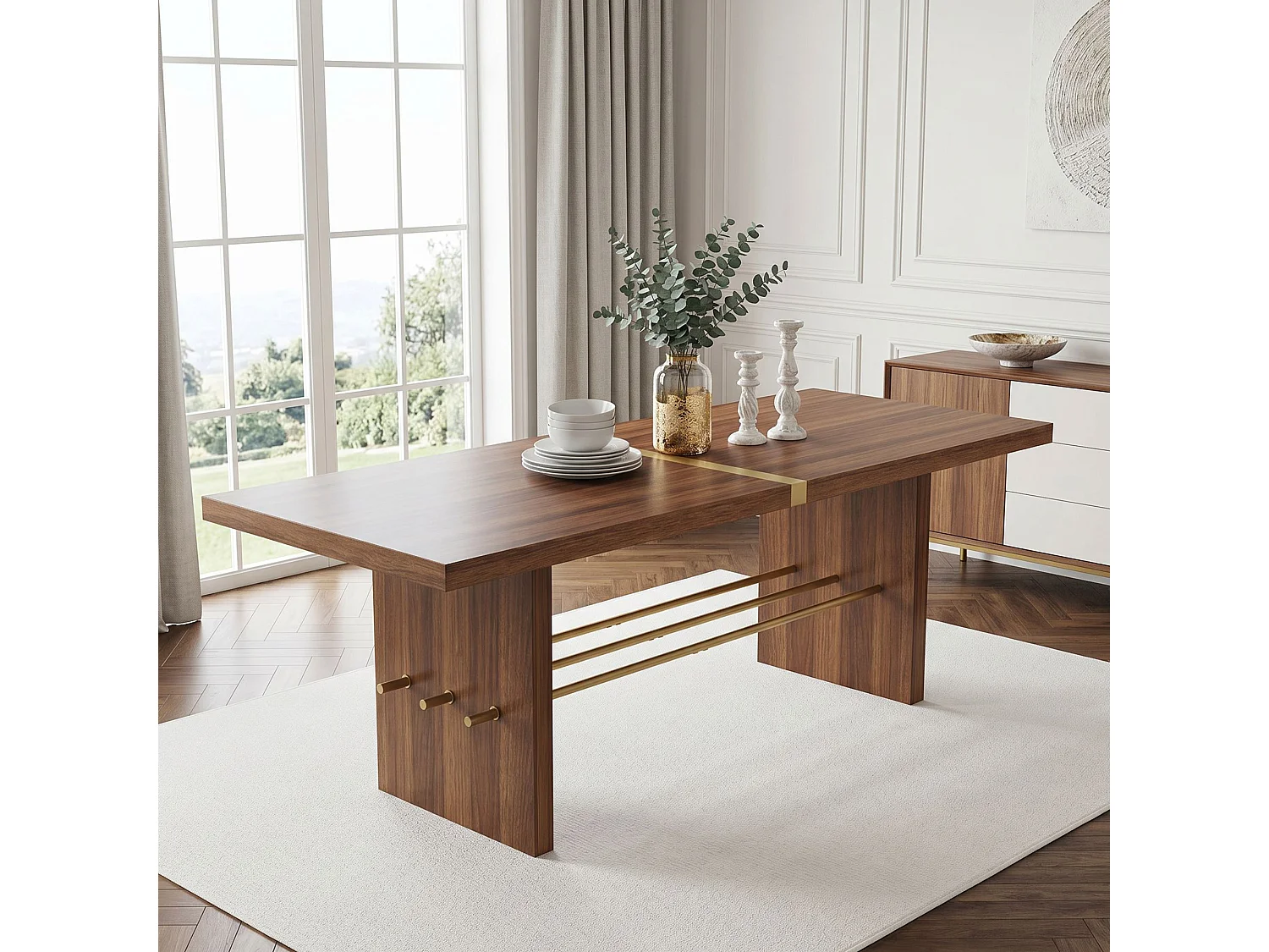 Table à manger 6-8 personnes avec plateau épais et barre transversale dorée - MDF - 180 x 75 x 75 cm - Noyer