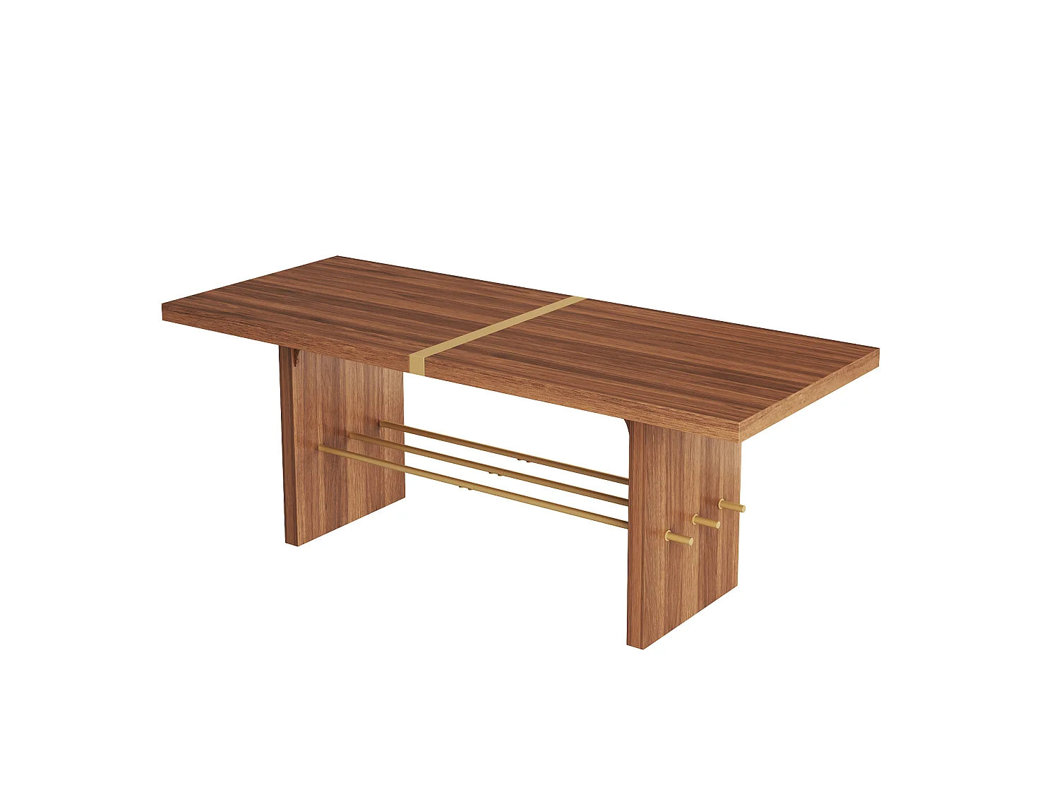 Table à manger 6-8 personnes avec plateau épais et barre transversale dorée - MDF - 180 x 75 x 75 cm - Noyer
