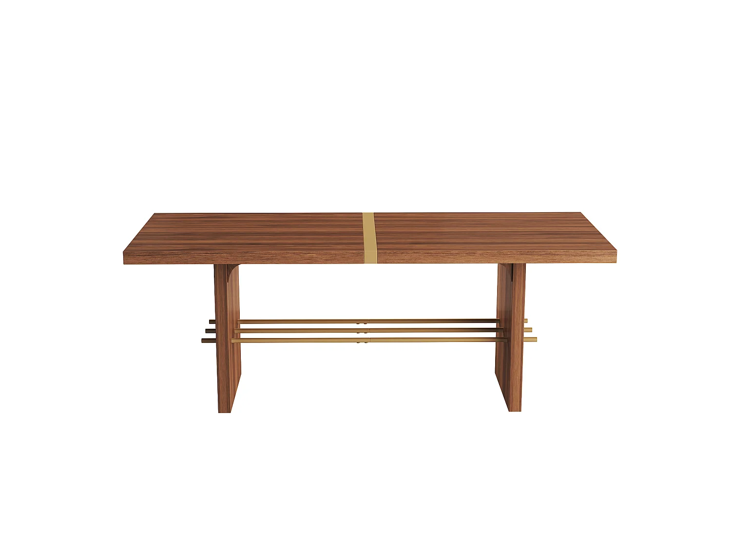 Table à manger 6-8 personnes avec plateau épais et barre transversale dorée - MDF - 180 x 75 x 75 cm - Noyer