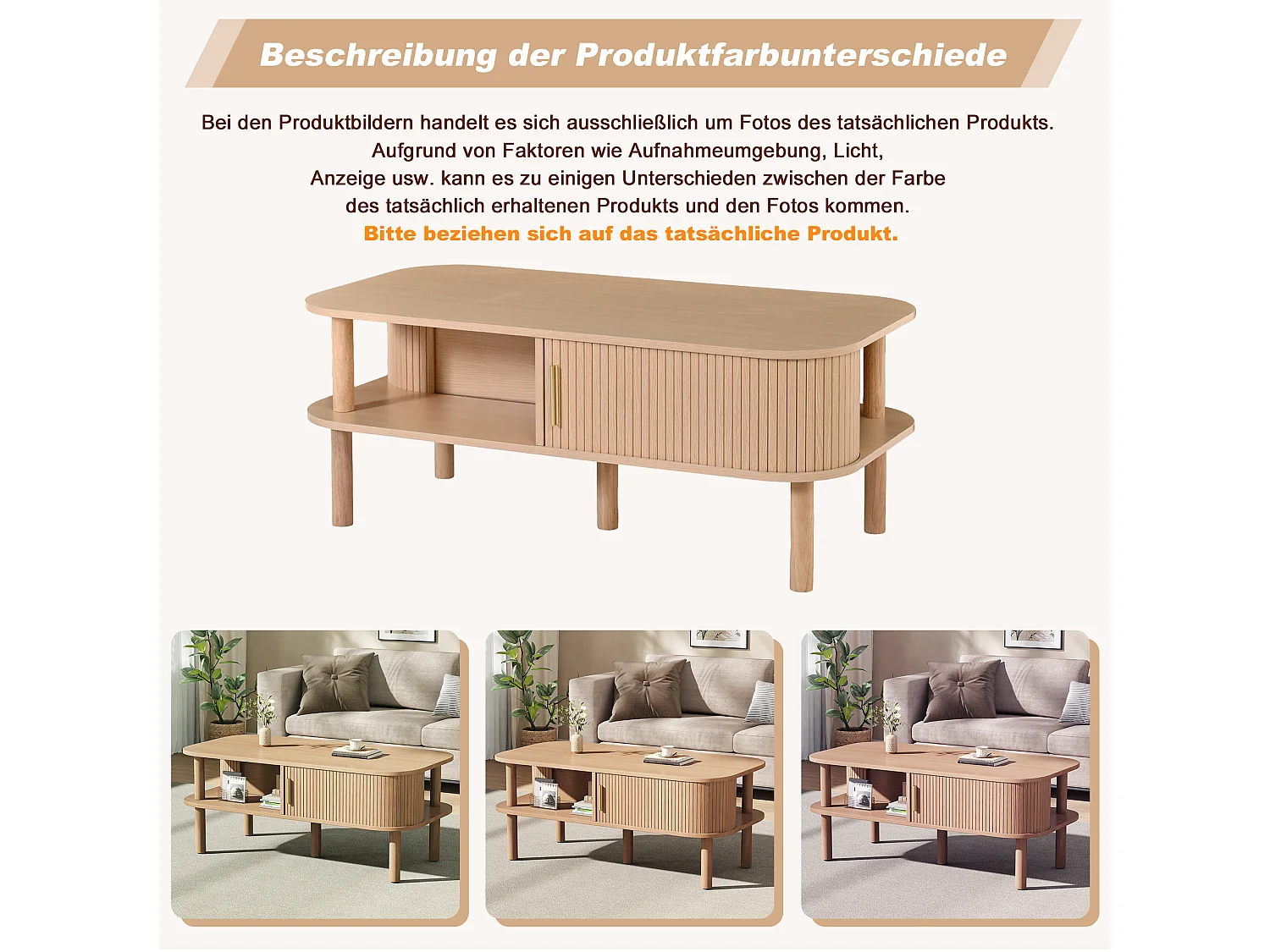 Table basse avec 2 portes enroulables, rangement double niveau et bords arrondis - MDF/bois - 110 x 55 x 45 cm - Noyer