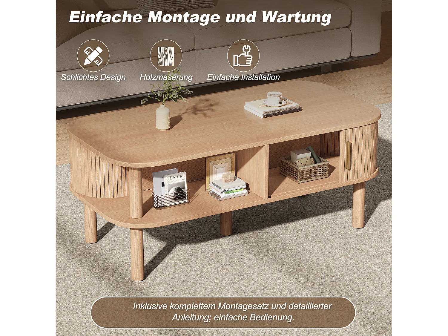 Table basse avec 2 portes enroulables, rangement double niveau et bords arrondis - MDF/bois - 110 x 55 x 45 cm - Noyer