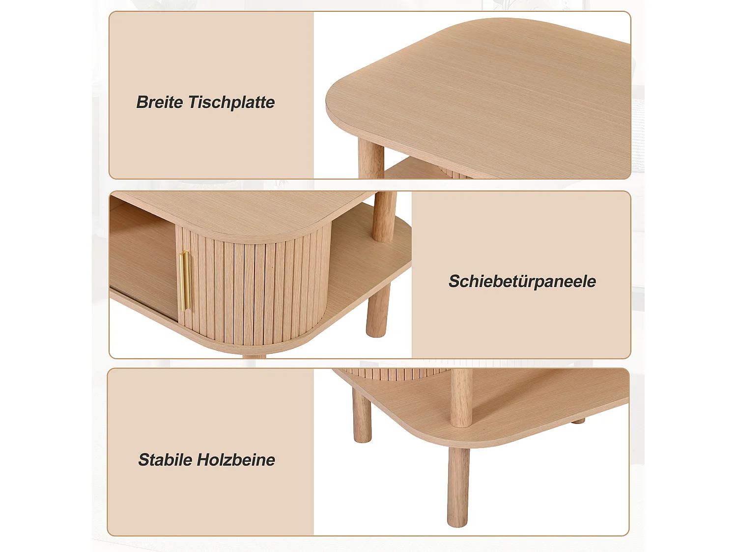 Table basse avec 2 portes enroulables, rangement double niveau et bords arrondis - MDF/bois - 110 x 55 x 45 cm - Noyer
