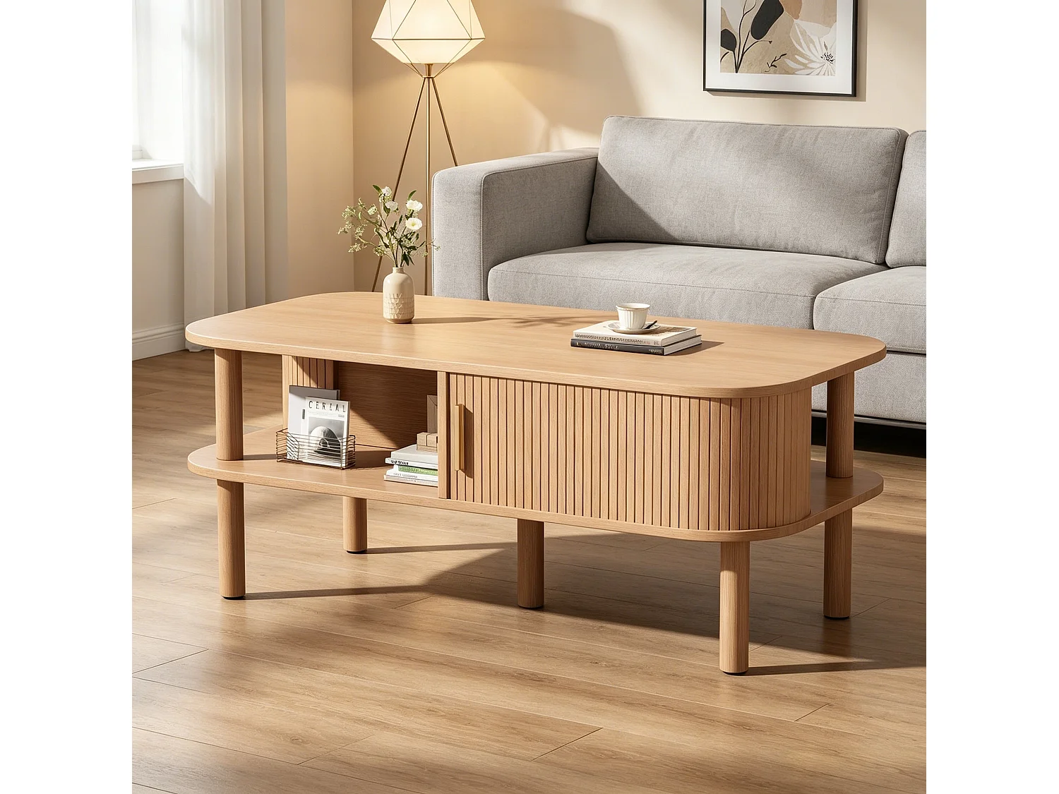 Table basse avec 2 portes enroulables, rangement double niveau et bords arrondis - MDF/bois - 110 x 55 x 45 cm - Noyer