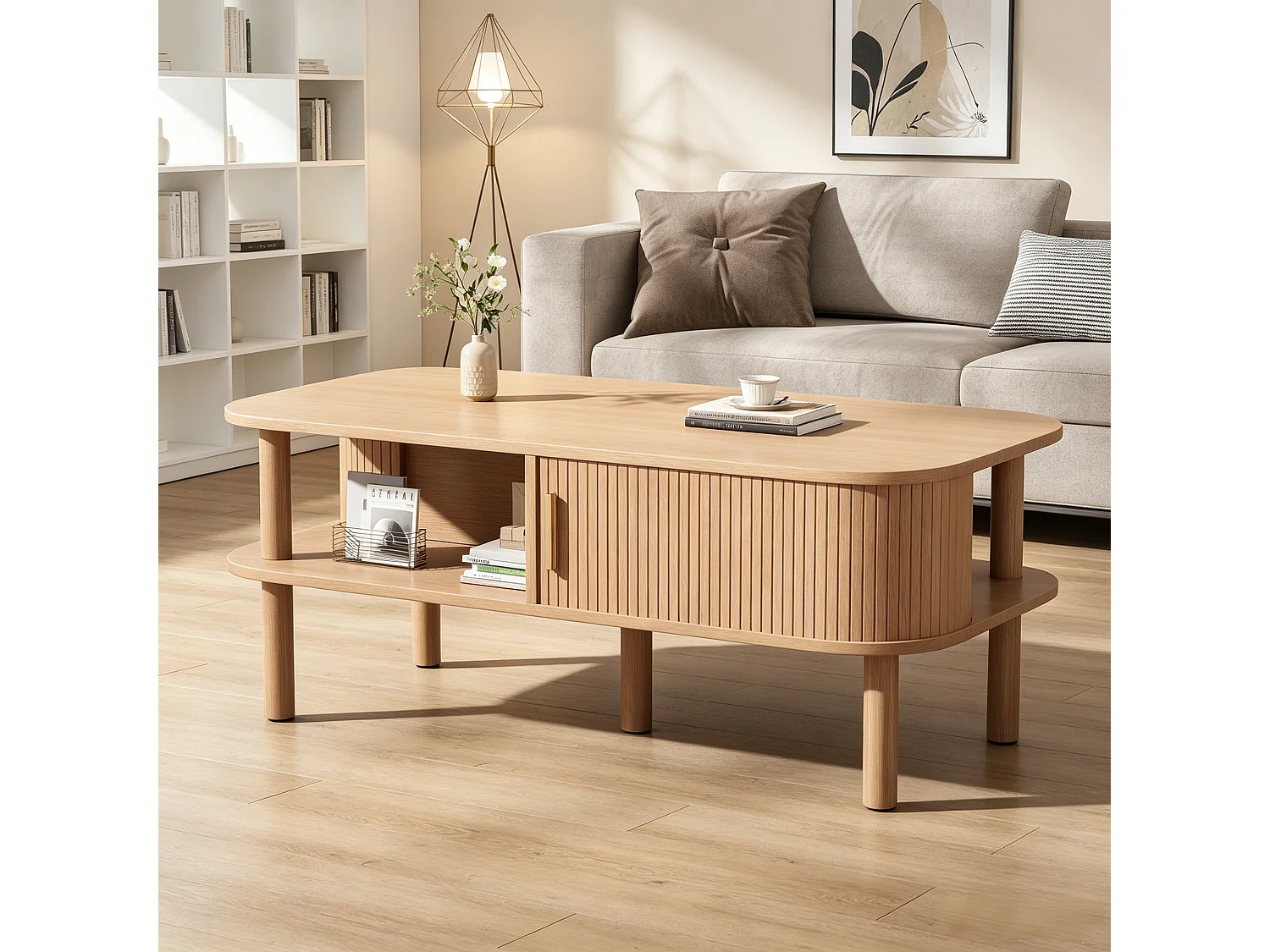 Table basse avec 2 portes enroulables, rangement double niveau et bords arrondis - MDF/bois - 110 x 55 x 45 cm - Noyer