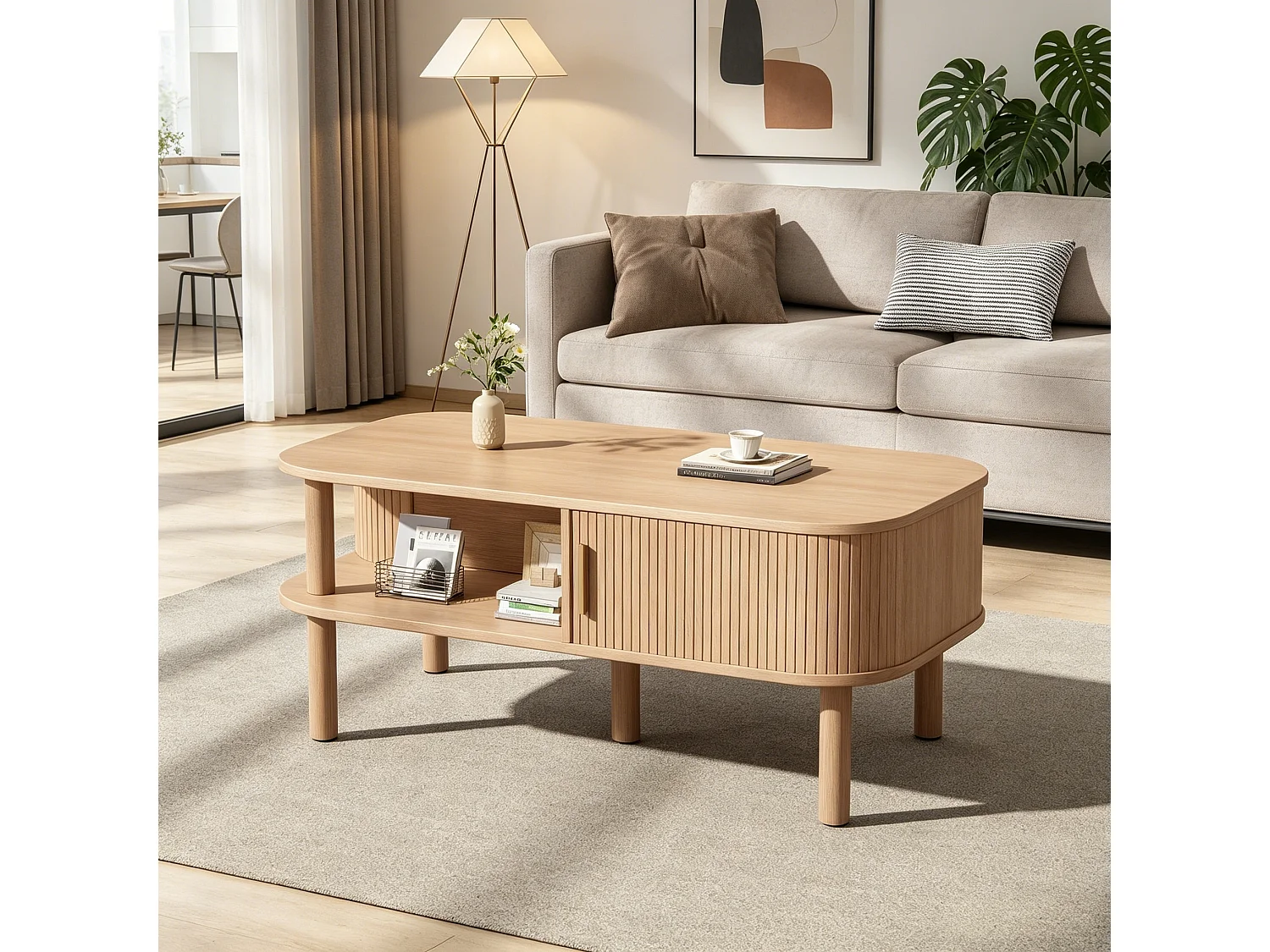 Table basse avec 2 portes enroulables, rangement double niveau et bords arrondis - MDF/bois - 110 x 55 x 45 cm - Noyer