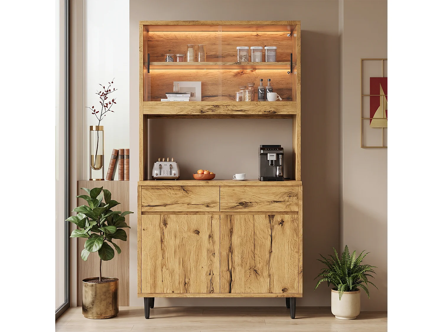 Hohes Küchen-Sideboard mit LED-Beleuchtung, Steckdose und USB-Anschluss, 2 Glastüren und 2 Flügeltüren – Spanplatte – 100 x 40 x 185 cm – Eiche