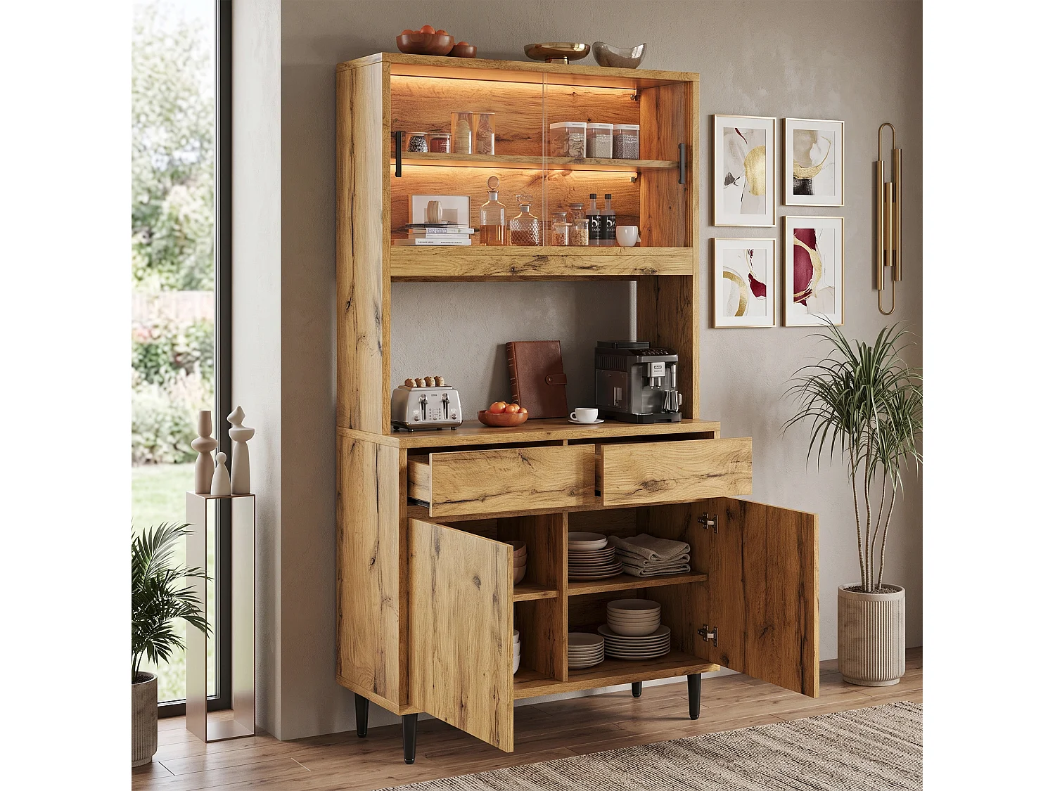Hohes Küchen-Sideboard mit LED-Beleuchtung, Steckdose und USB-Anschluss, 2 Glastüren und 2 Flügeltüren – Spanplatte – 100 x 40 x 185 cm – Eiche