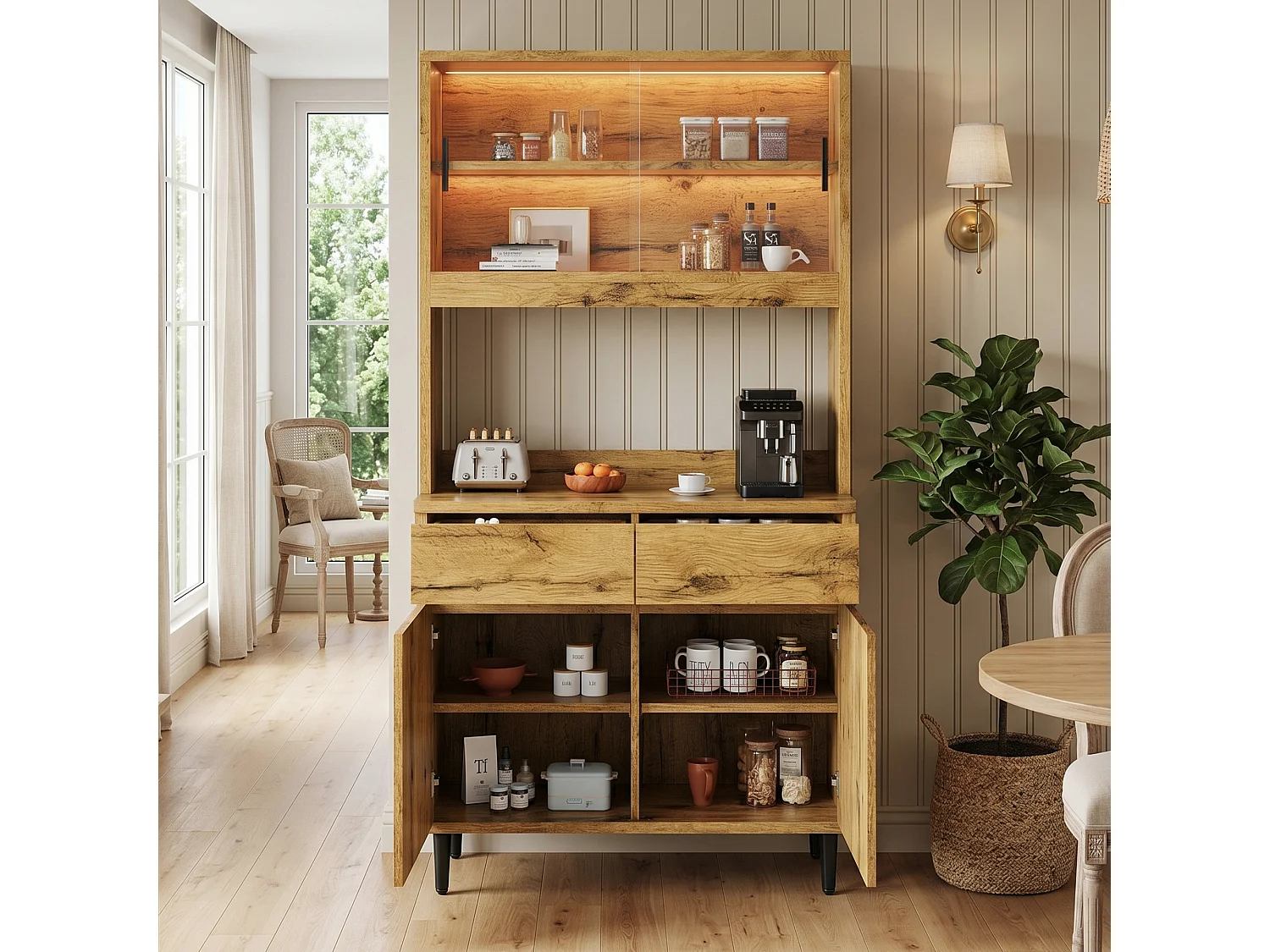 Hohes Küchen-Sideboard mit LED-Beleuchtung, Steckdose und USB-Anschluss, 2 Glastüren und 2 Flügeltüren – Spanplatte – 100 x 40 x 185 cm – Eiche