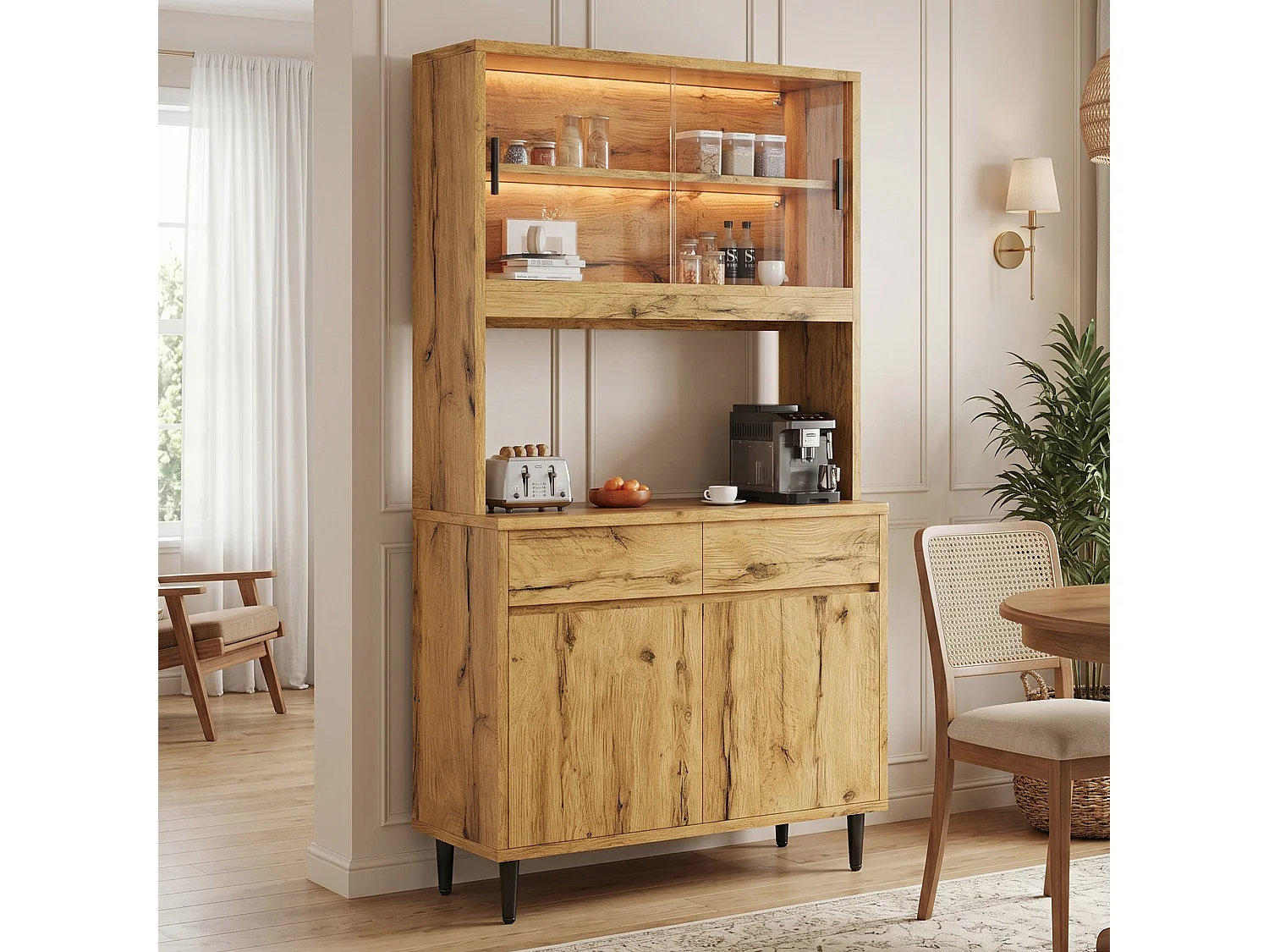 Hohes Küchen-Sideboard mit LED-Beleuchtung, Steckdose und USB-Anschluss, 2 Glastüren und 2 Flügeltüren – Spanplatte – 100 x 40 x 185 cm – Eiche