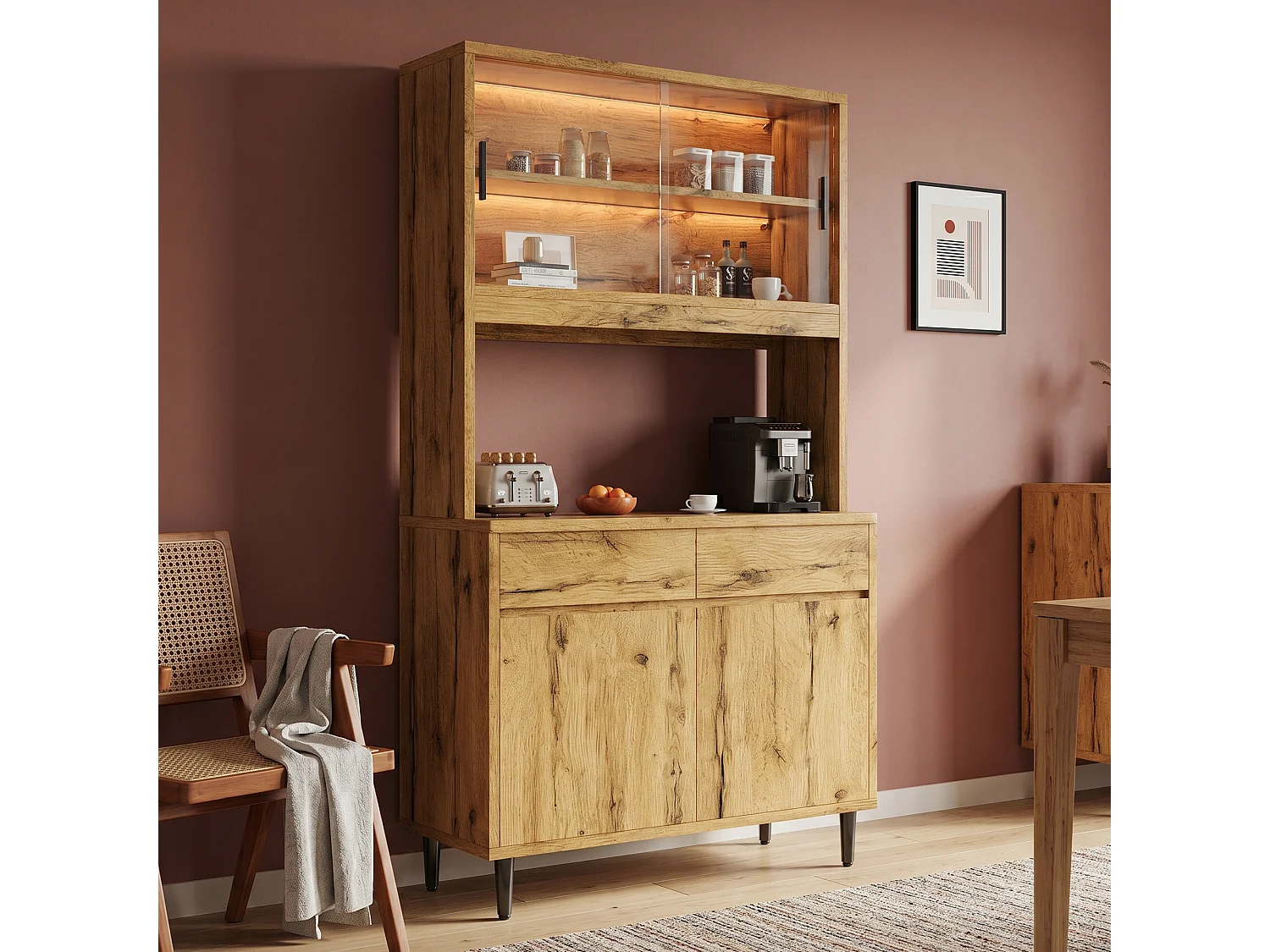 Hohes Küchen-Sideboard mit LED-Beleuchtung, Steckdose und USB-Anschluss, 2 Glastüren und 2 Flügeltüren – Spanplatte – 100 x 40 x 185 cm – Eiche