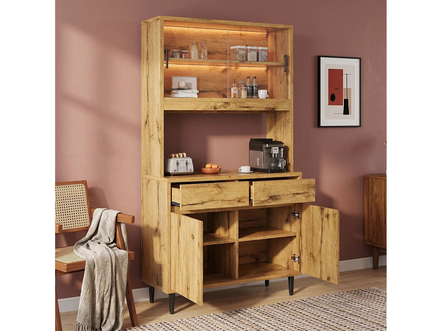 Hohes Küchen-Sideboard mit LED-Beleuchtung, Steckdose und USB-Anschluss, 2 Glastüren und 2 Flügeltüren – Spanplatte – 100 x 40 x 185 cm – Eiche