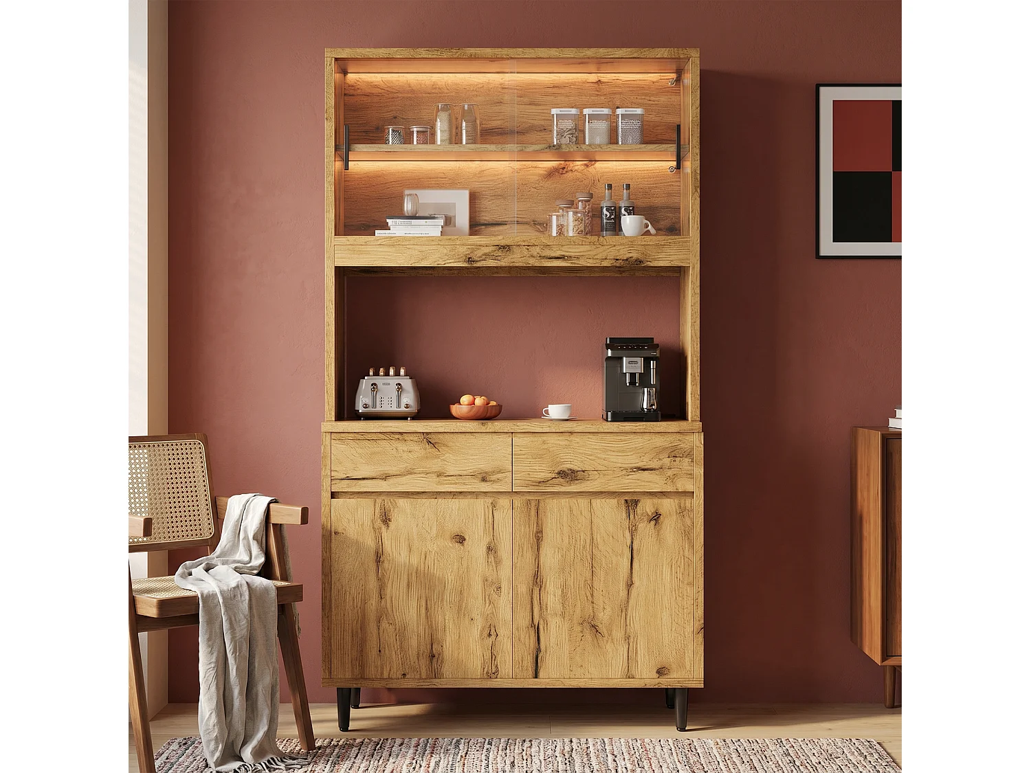 Hohes Küchen-Sideboard mit LED-Beleuchtung, Steckdose und USB-Anschluss, 2 Glastüren und 2 Flügeltüren – Spanplatte – 100 x 40 x 185 cm – Eiche
