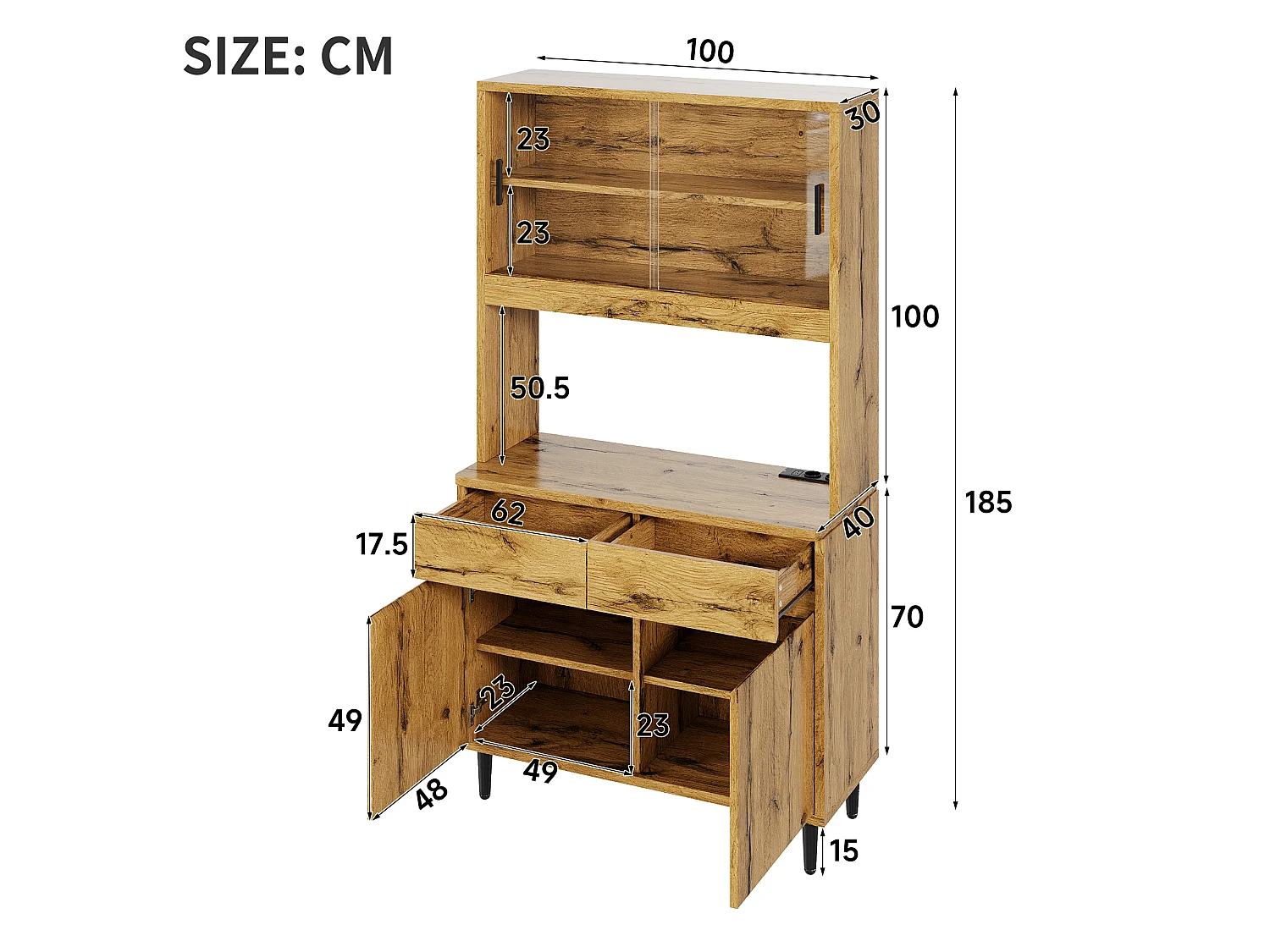 Hohes Küchen-Sideboard mit LED-Beleuchtung, Steckdose und USB-Anschluss, 2 Glastüren und 2 Flügeltüren – Spanplatte – 100 x 40 x 185 cm – Eiche