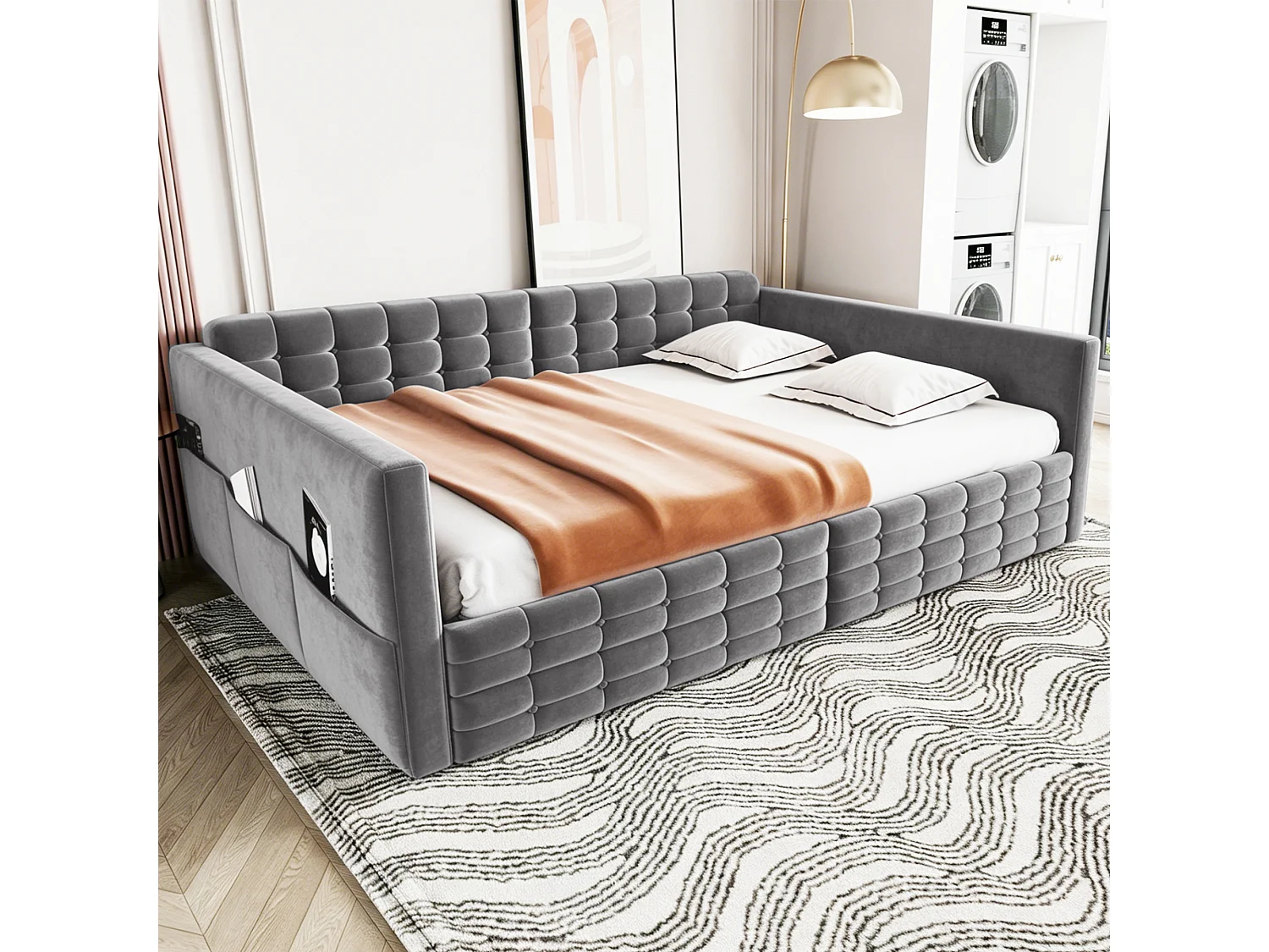 Lit capitonné 140 x 190 cm avec tête de lit et 2 tiroirs, canapé-lit - Velours - Motif à carreaux classique - Gris (Sans matelas)
