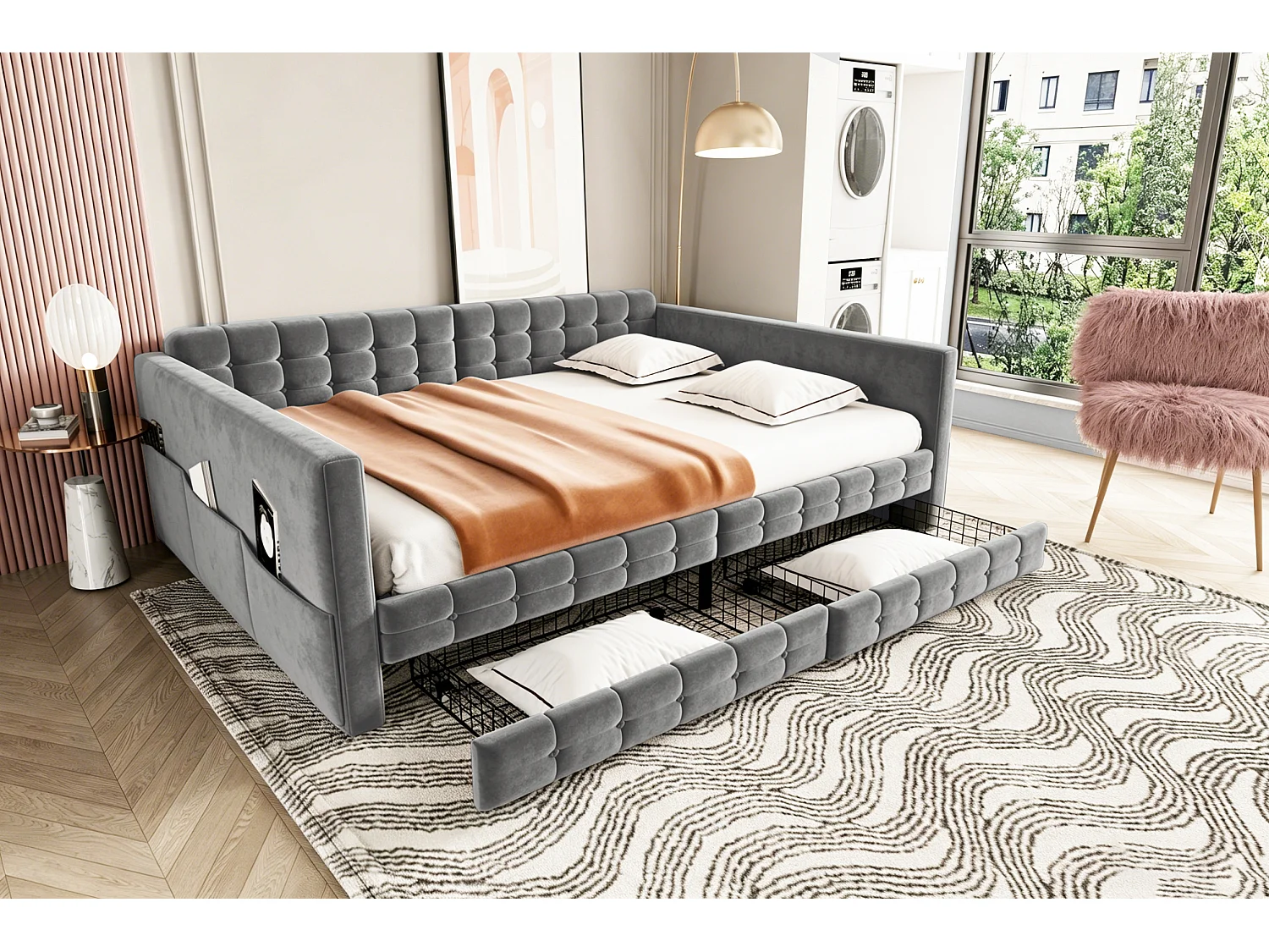 Lit capitonné 140 x 190 cm avec tête de lit et 2 tiroirs, canapé-lit - Velours - Motif à carreaux classique - Gris (Sans matelas)