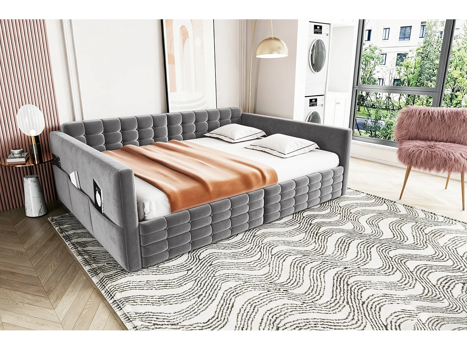 Lit capitonné 140 x 190 cm avec tête de lit et 2 tiroirs, canapé-lit - Velours - Motif à carreaux classique - Gris (Sans matelas)
