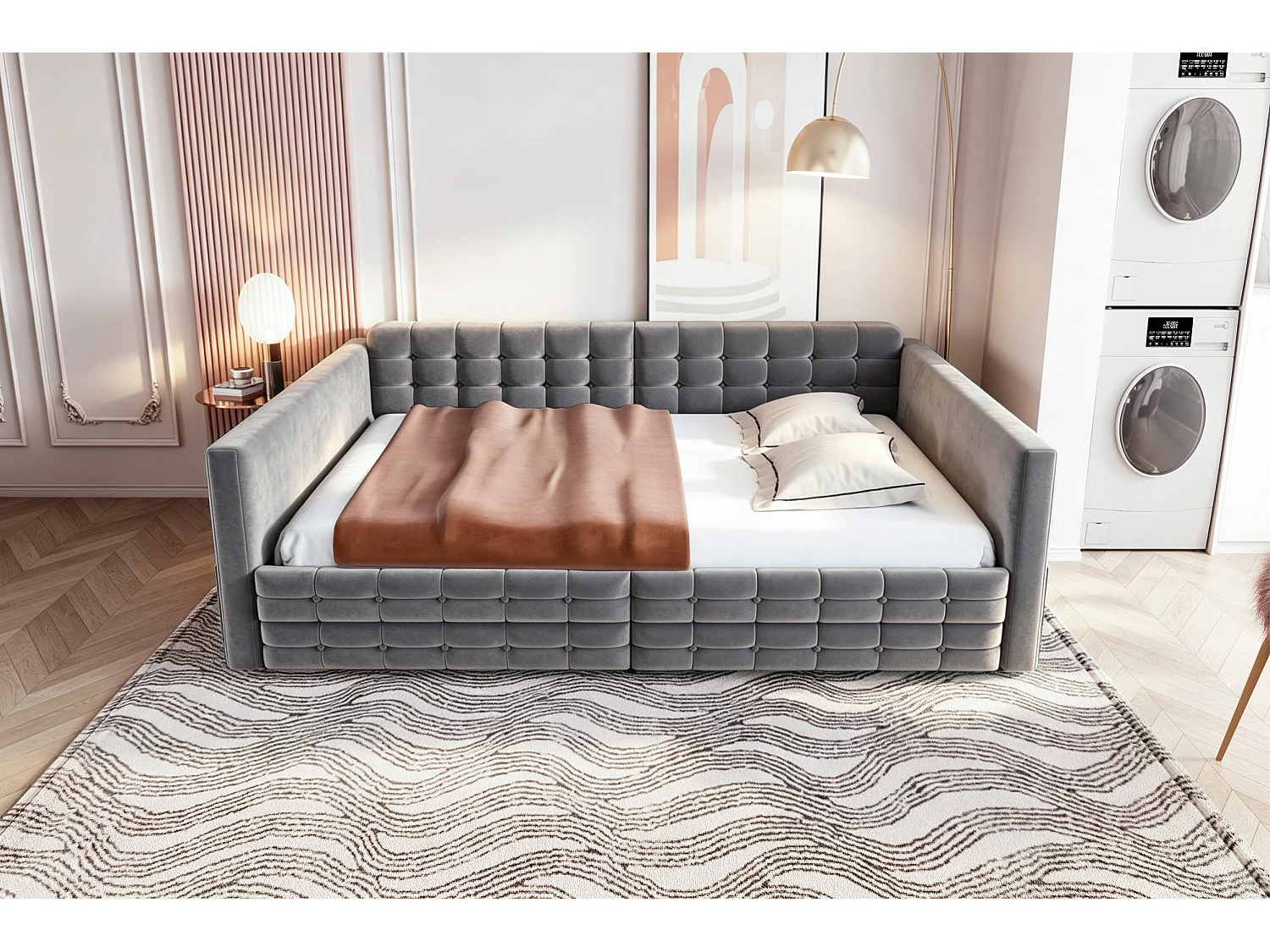 Lit capitonné 140 x 190 cm avec tête de lit et 2 tiroirs, canapé-lit - Velours - Motif à carreaux classique - Gris (Sans matelas)