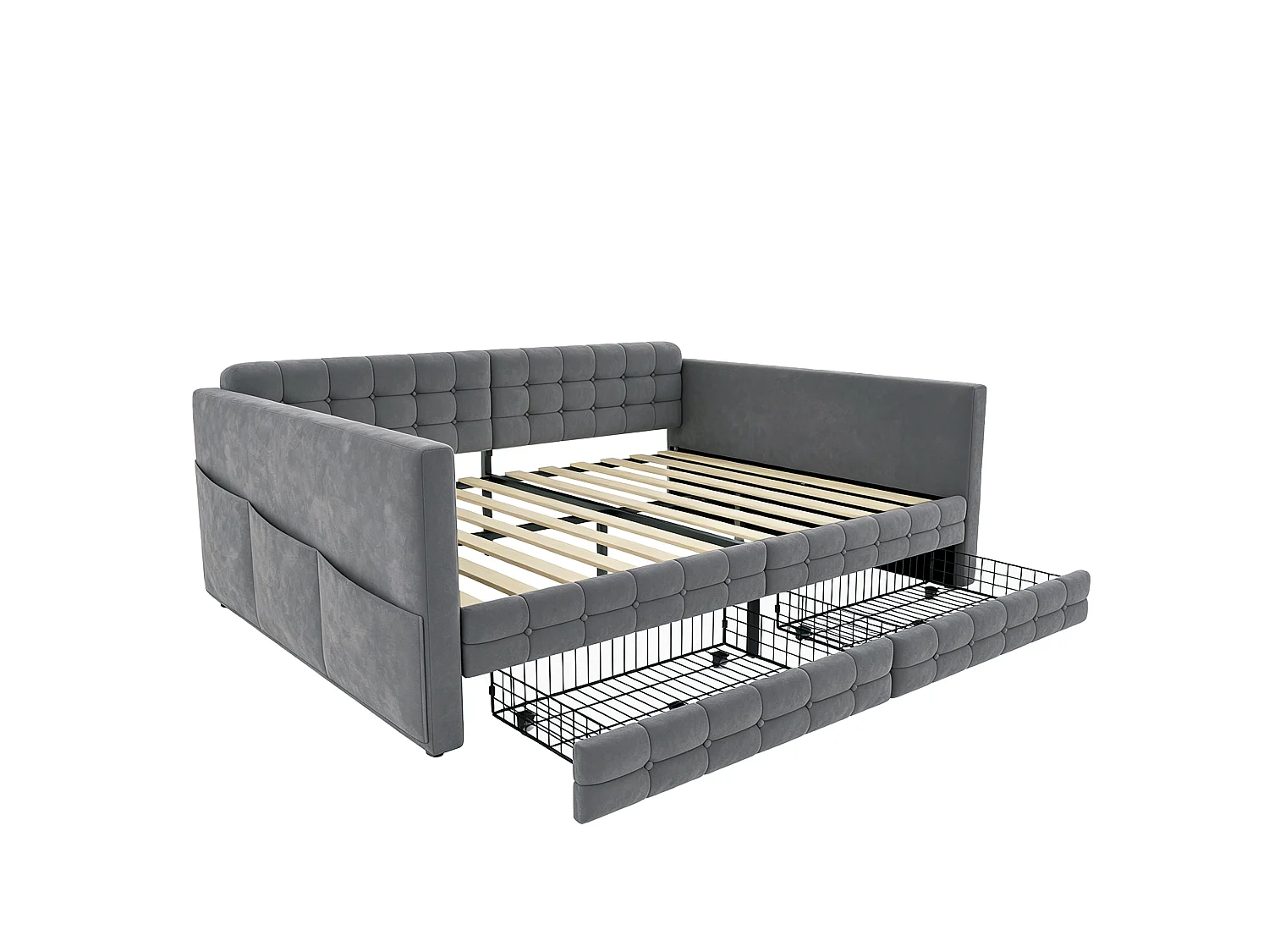 Lit capitonné 140 x 190 cm avec tête de lit et 2 tiroirs, canapé-lit - Velours - Motif à carreaux classique - Gris (Sans matelas)