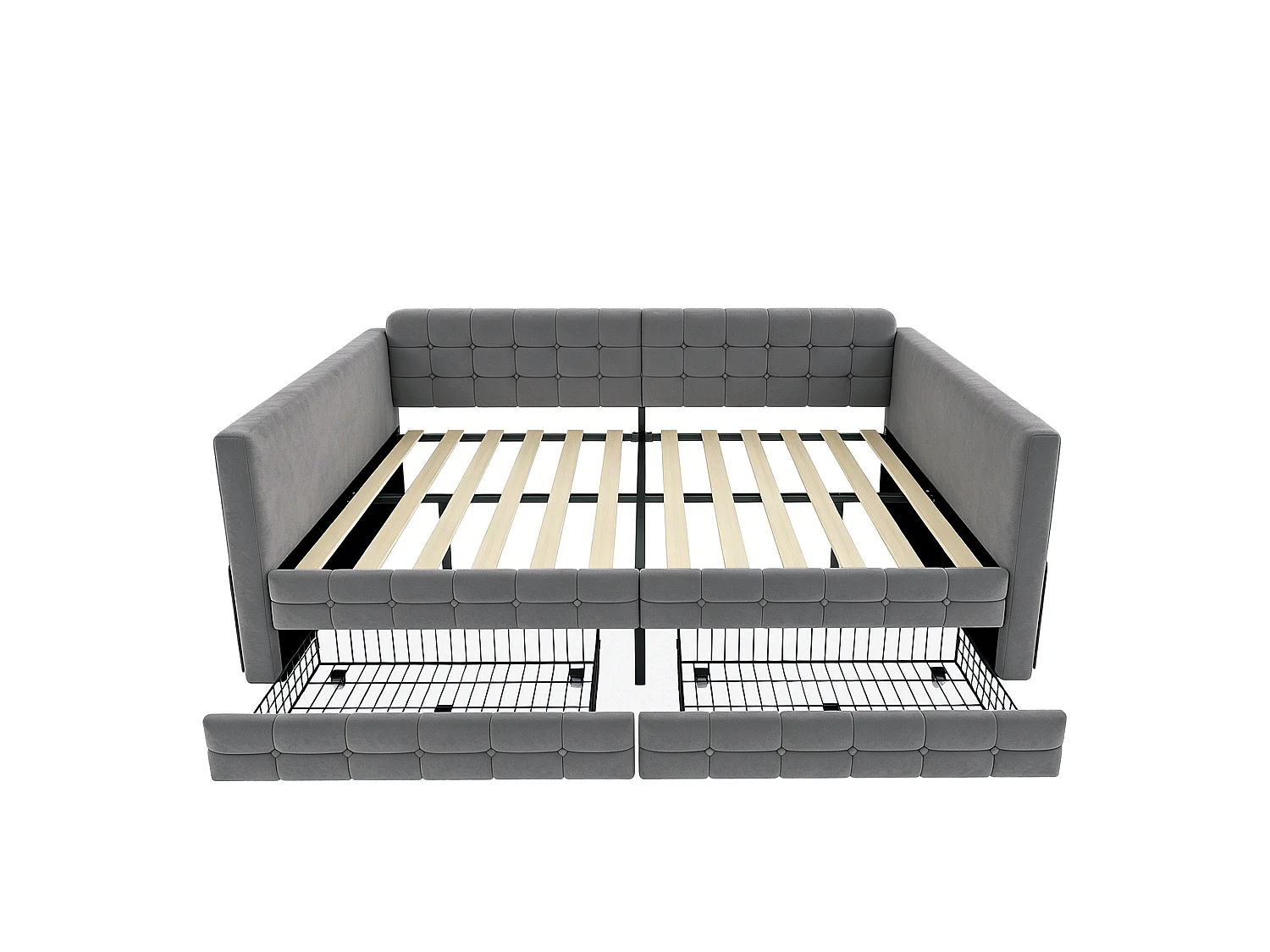 Lit capitonné 140 x 190 cm avec tête de lit et 2 tiroirs, canapé-lit - Velours - Motif à carreaux classique - Gris (Sans matelas)
