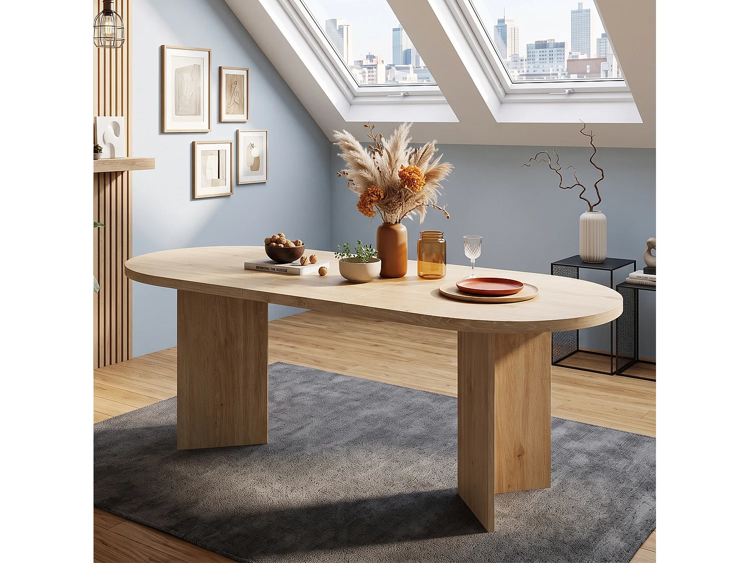 Table à manger ovale 4-6 personnes avec plateau épais et coins arrondis - MDF - 160 x 80 x 75 cm - Chêne