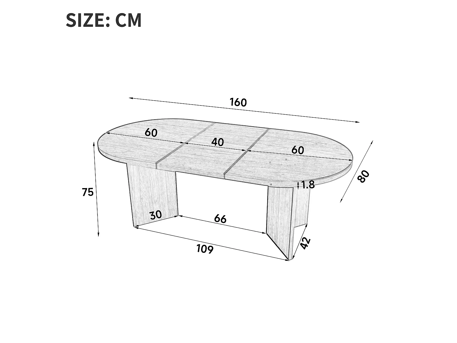 Table à manger ovale 4-6 personnes avec plateau épais et coins arrondis - MDF - 160 x 80 x 75 cm - Chêne