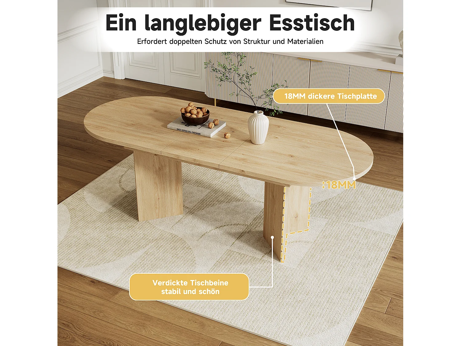 Table à manger ovale 4-6 personnes avec plateau épais et coins arrondis - MDF - 160 x 80 x 75 cm - Chêne