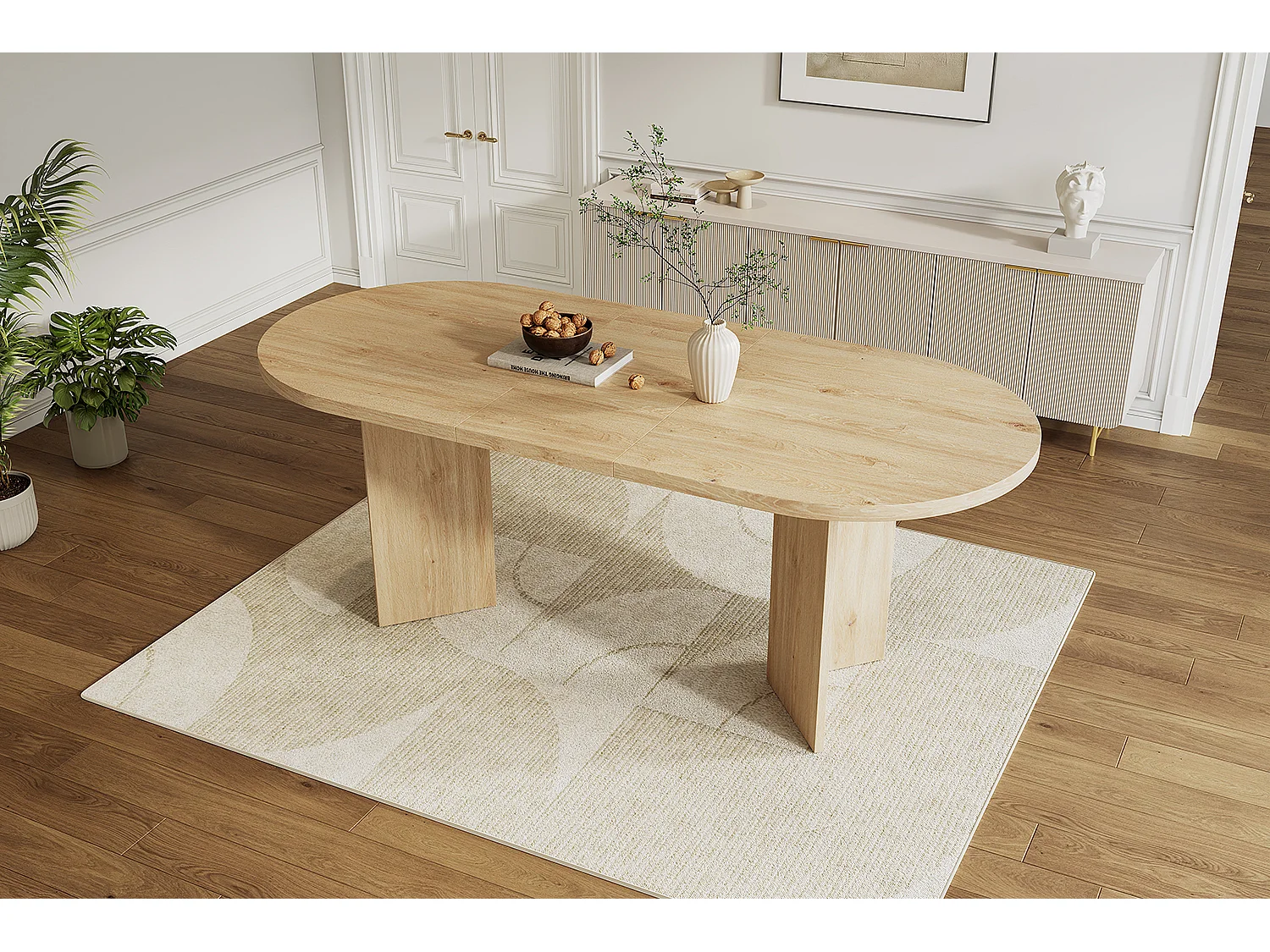 Table à manger ovale 4-6 personnes avec plateau épais et coins arrondis - MDF - 160 x 80 x 75 cm - Chêne