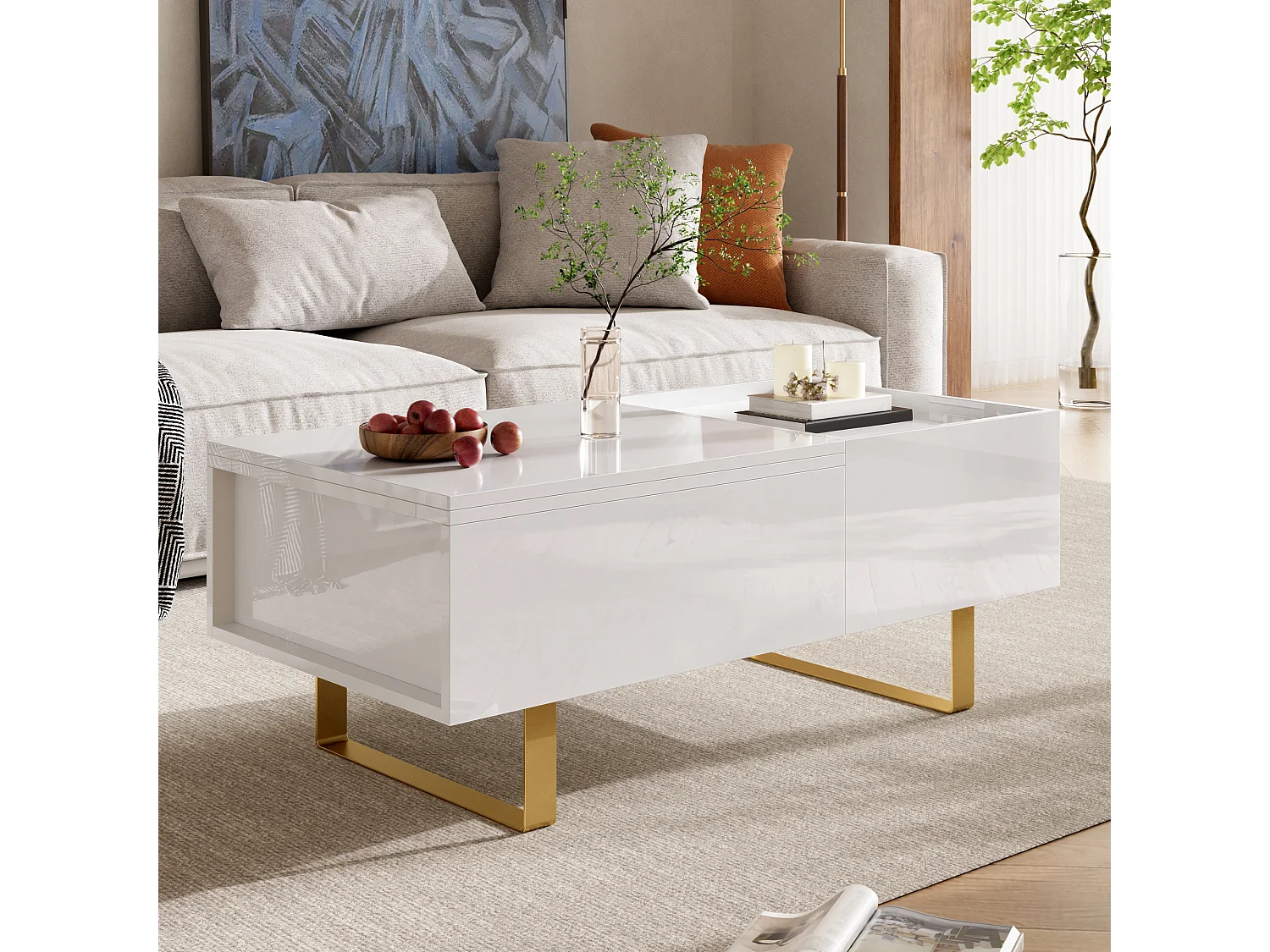 Table basse relevable avec rangement intégré, 1 tiroir et plateau réglable en hauteur - MDF - 100 x 50 x 54,5 cm - Blanc