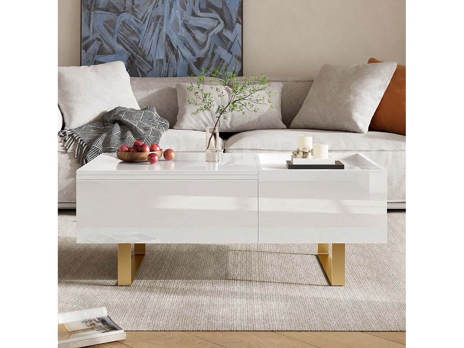 Table basse relevable avec rangement intégré, 1 tiroir et plateau réglable en hauteur - MDF - 100 x 50 x 54,5 cm - Blanc