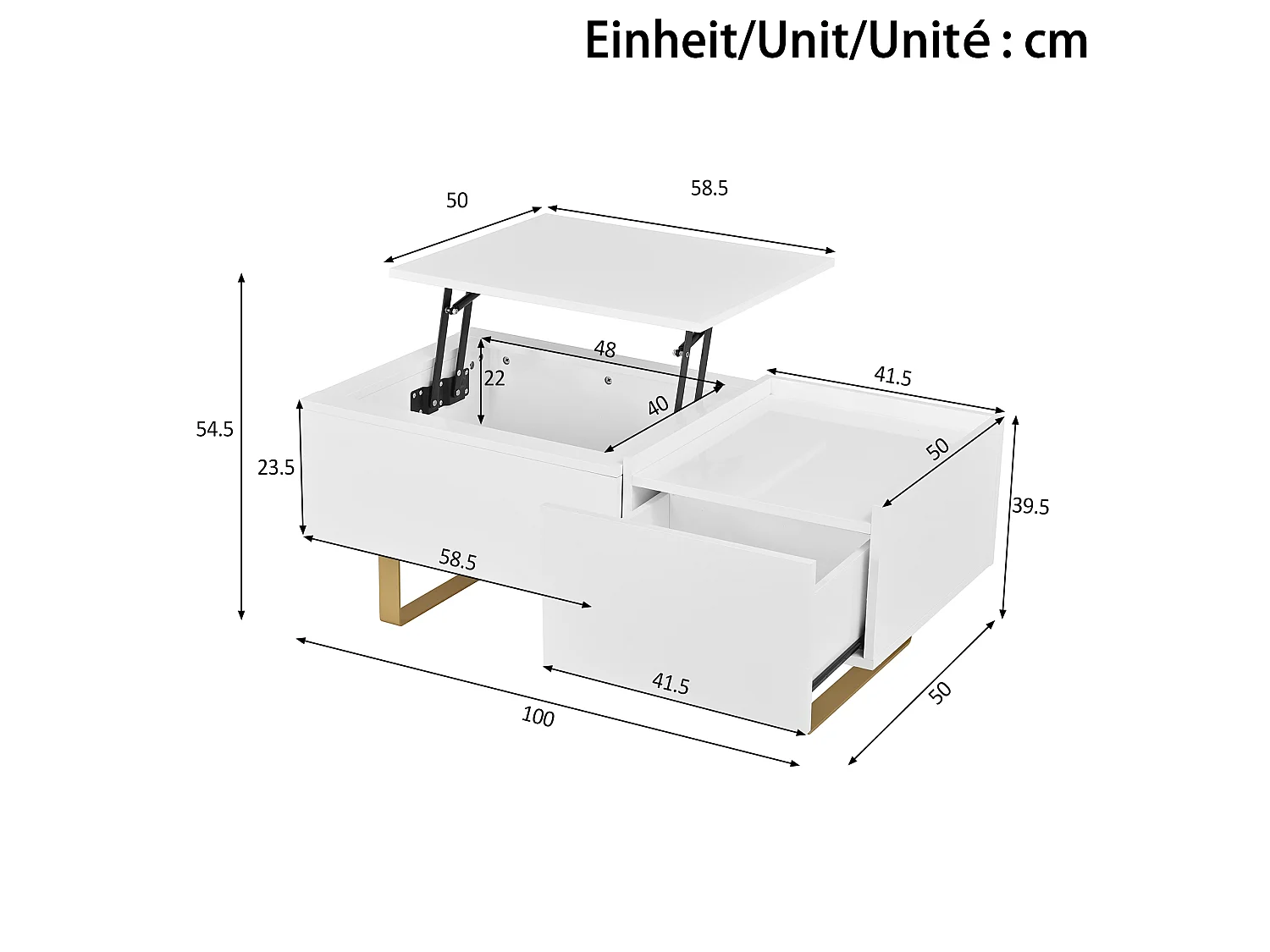 Table basse relevable avec rangement intégré, 1 tiroir et plateau réglable en hauteur - MDF - 100 x 50 x 54,5 cm - Blanc
